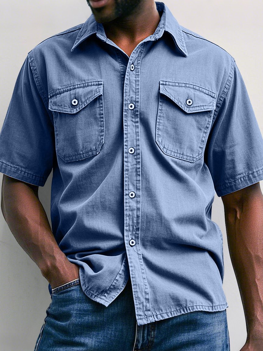 Men's Retro Workwear Double Pocket Casual Solid Color Short Sleeve Shirt