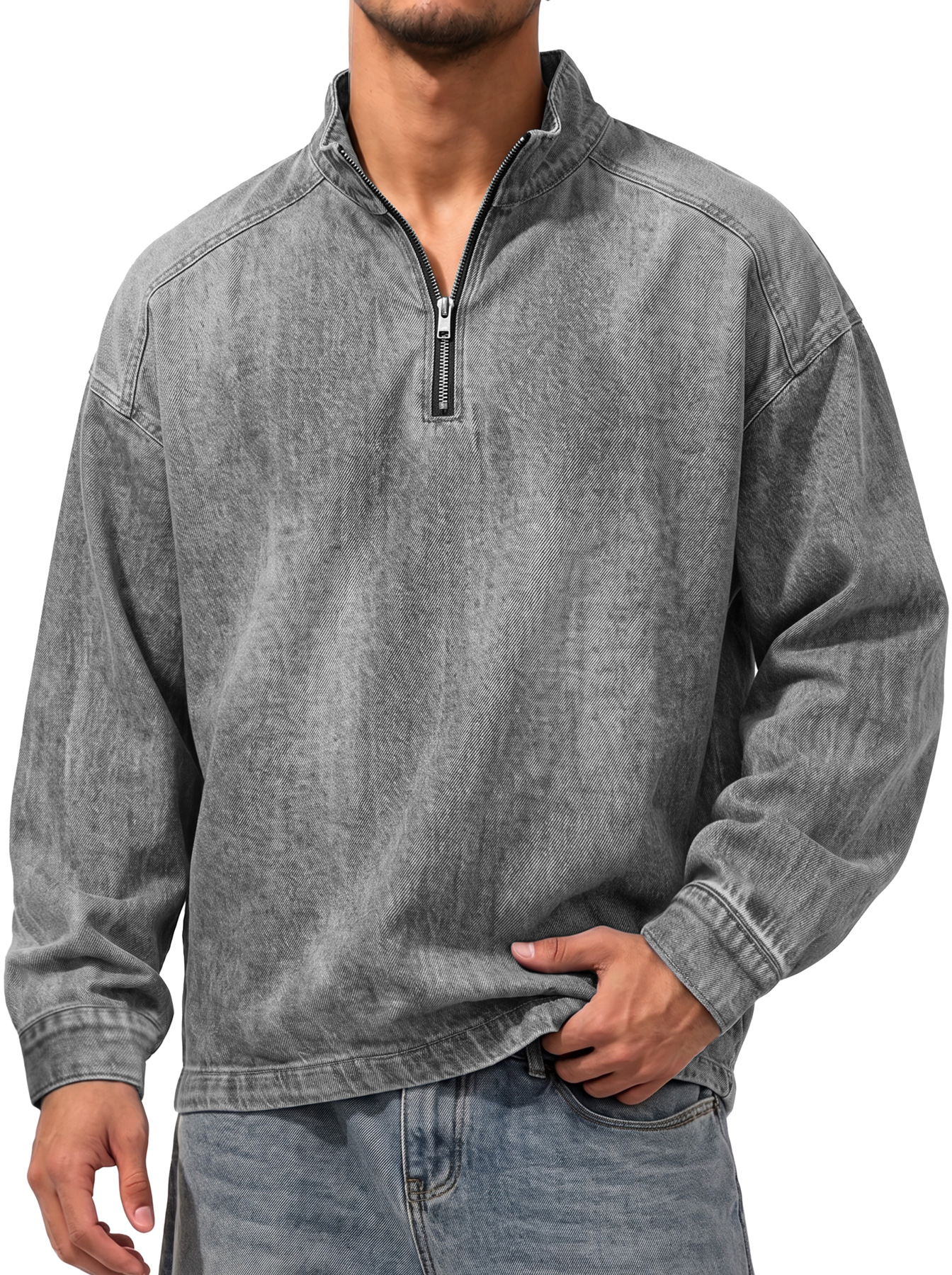 Men's Vintage Denim-Style Stand-Collar Zip-Front Casual T-Shirt