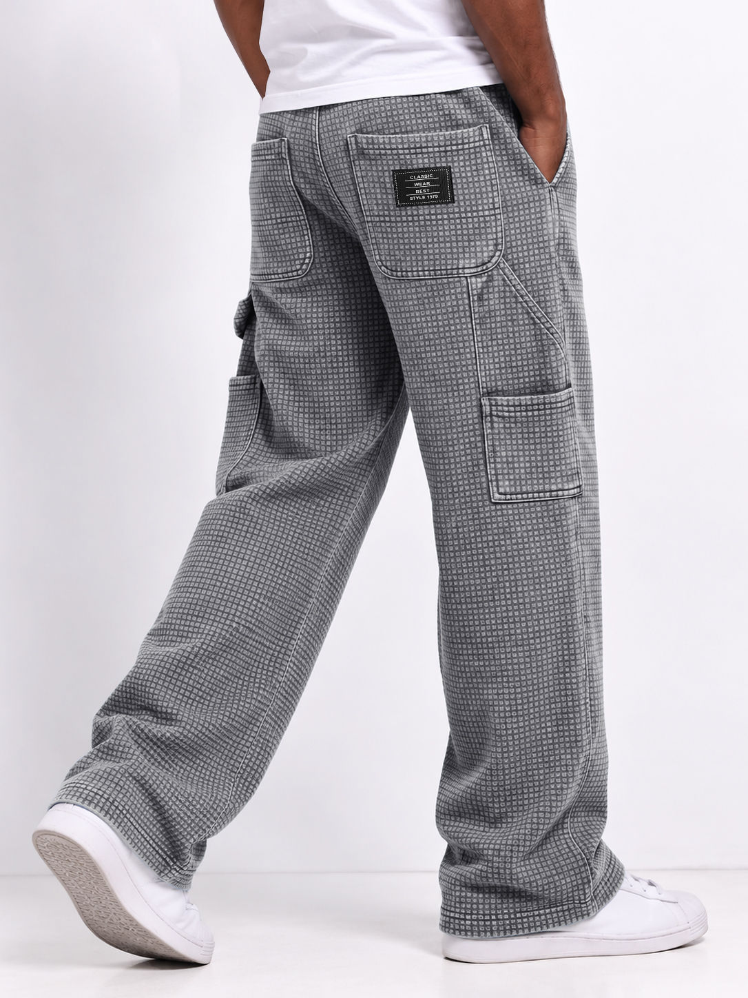 Men's Autumn Vintage Washed Distressed Waffle Knit Multi-Pocket Straight-Leg Pants