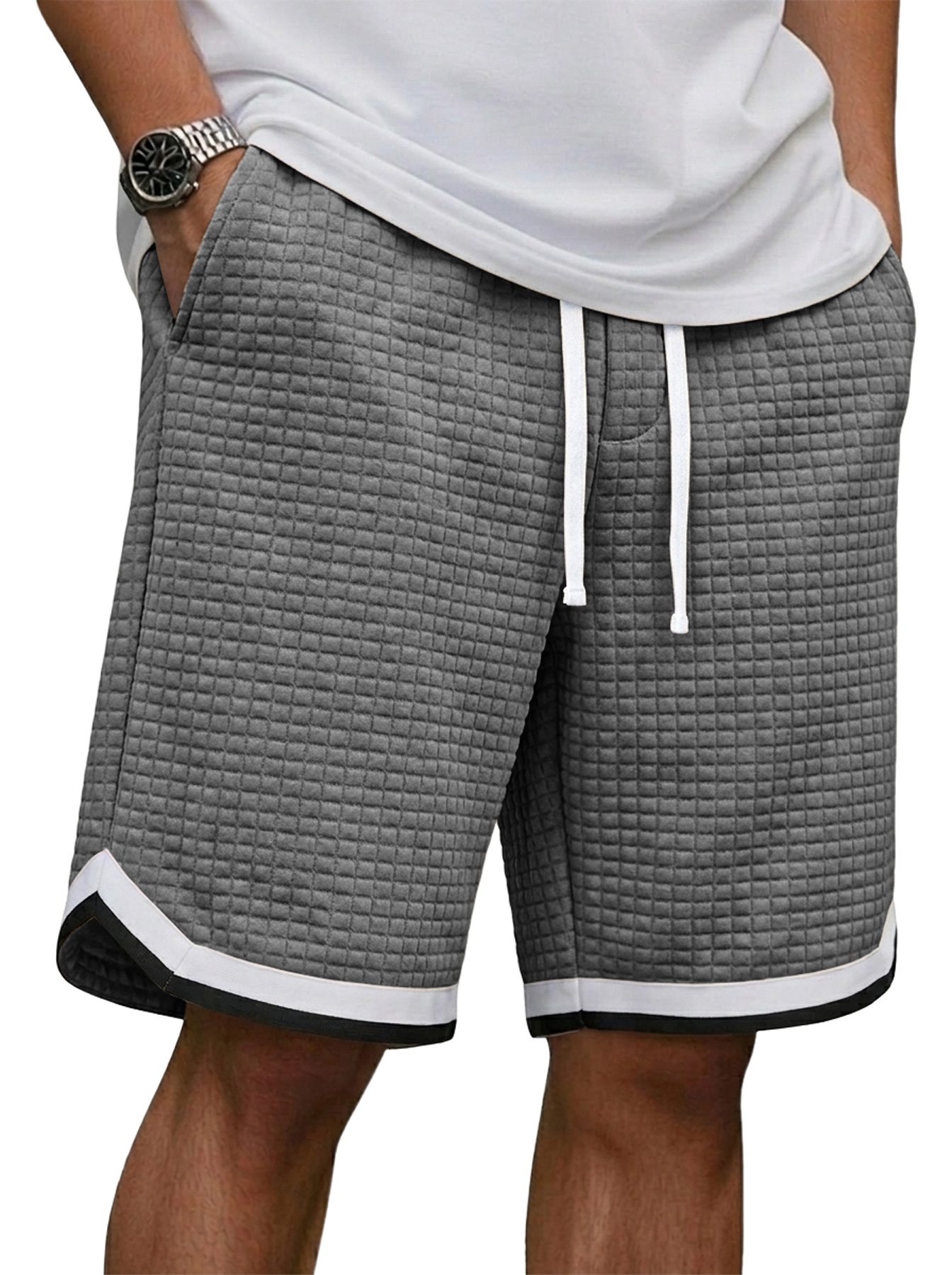 Men's Waffle Webbing Patchwork Casual Loose Shorts