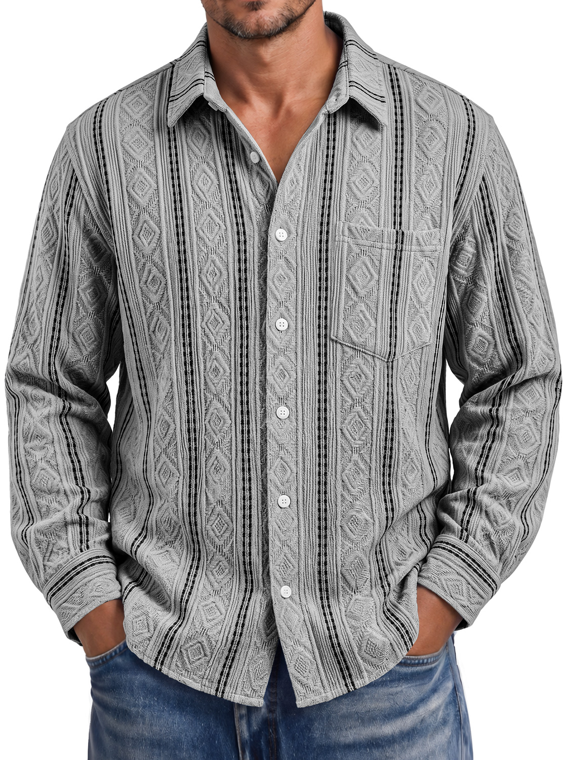 Men's Autumn Casual Long-Sleeve Shirt with Jacquard Texture