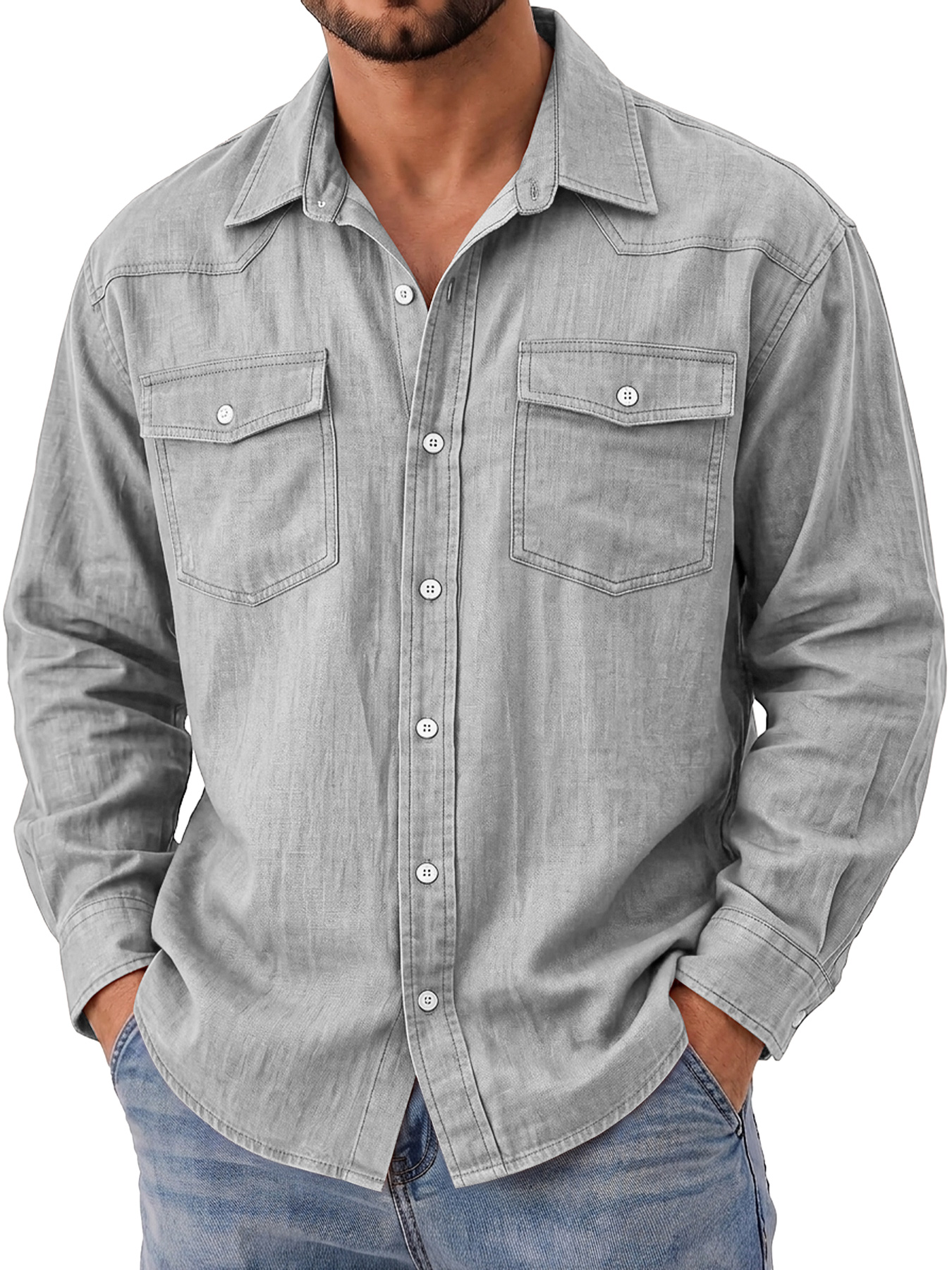 Men's Autumn Casual Long-Sleeve Shirt with Deconstructed Design and Dual Pockets