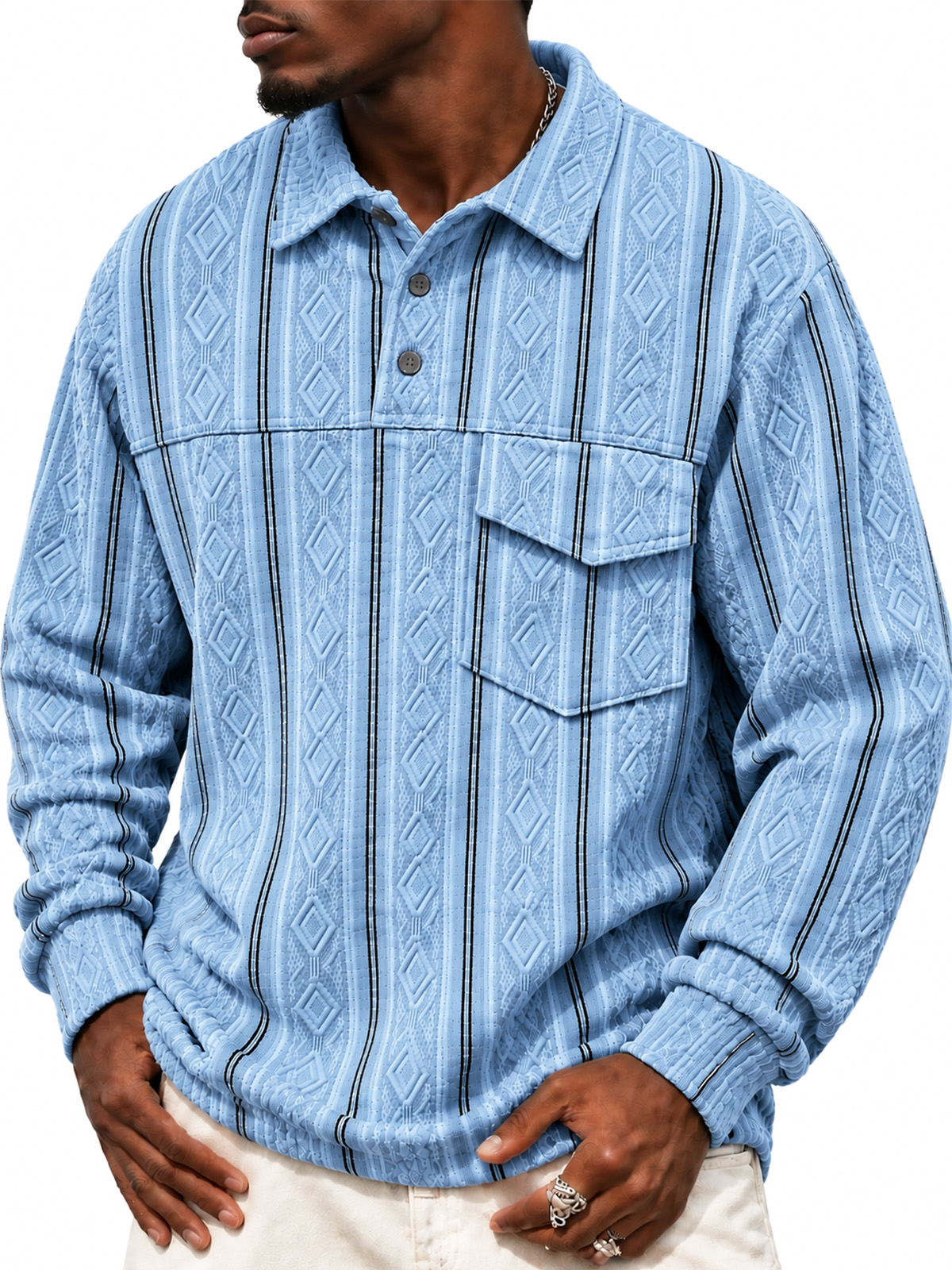 Men's Casual Jacquard Long-Sleeve Polo Shirt