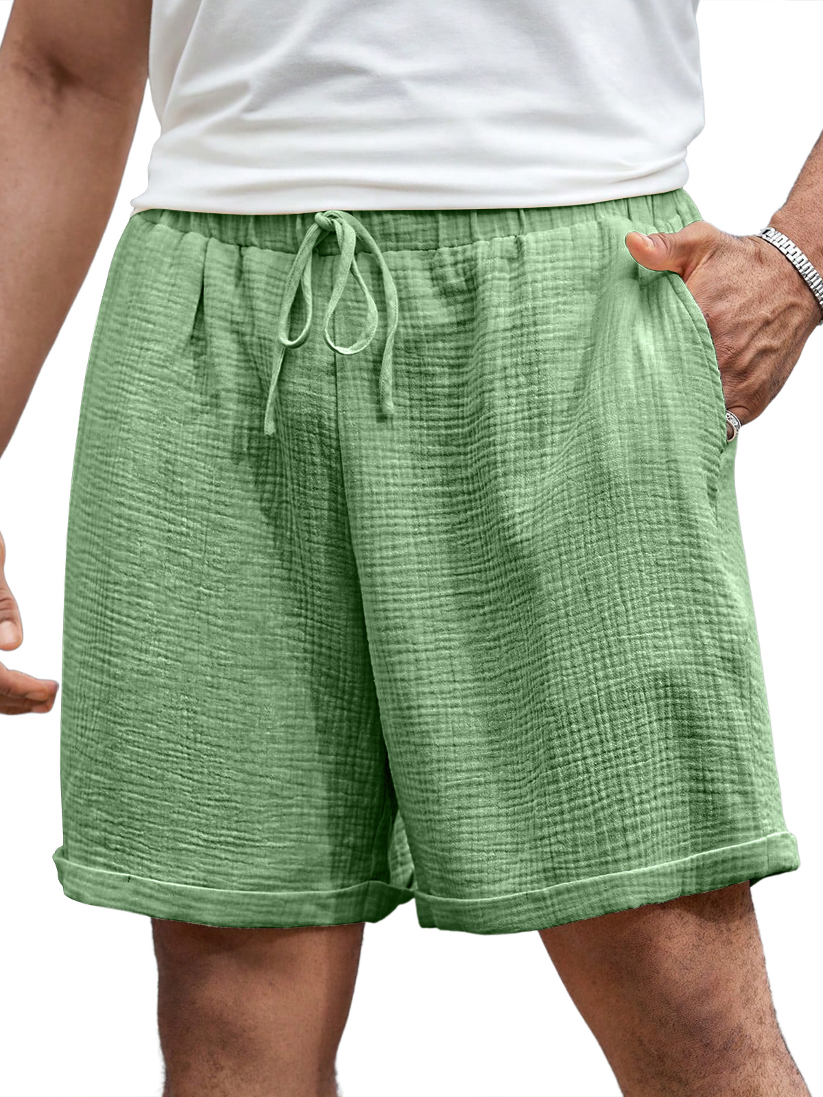Men's Casual Pleated Elastic Waist Comfort Solid Color Shorts