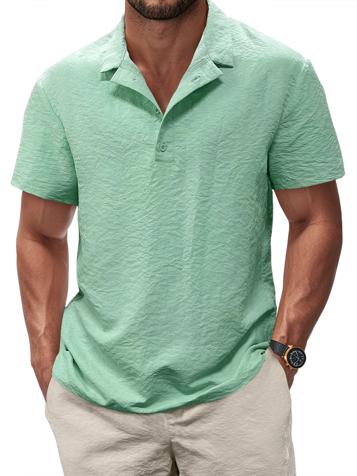 Men's Casual Pleated Texture Button Solid Color Short-sleeved Polo Shirt