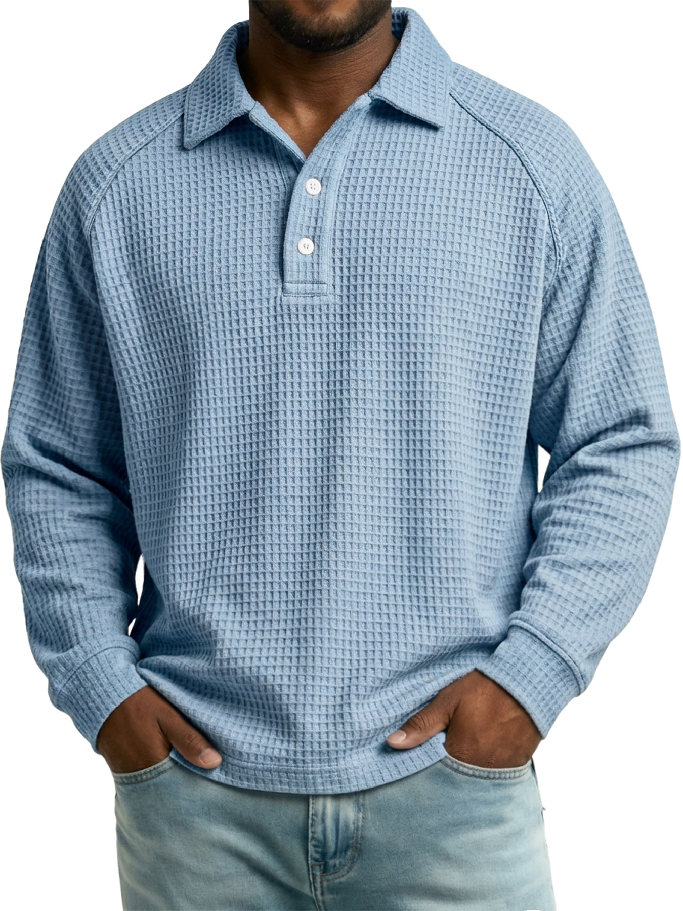 Men's Autumn Casual Waffle-Knit Long-Sleeve Polo Shirt with Raglan Sleeves