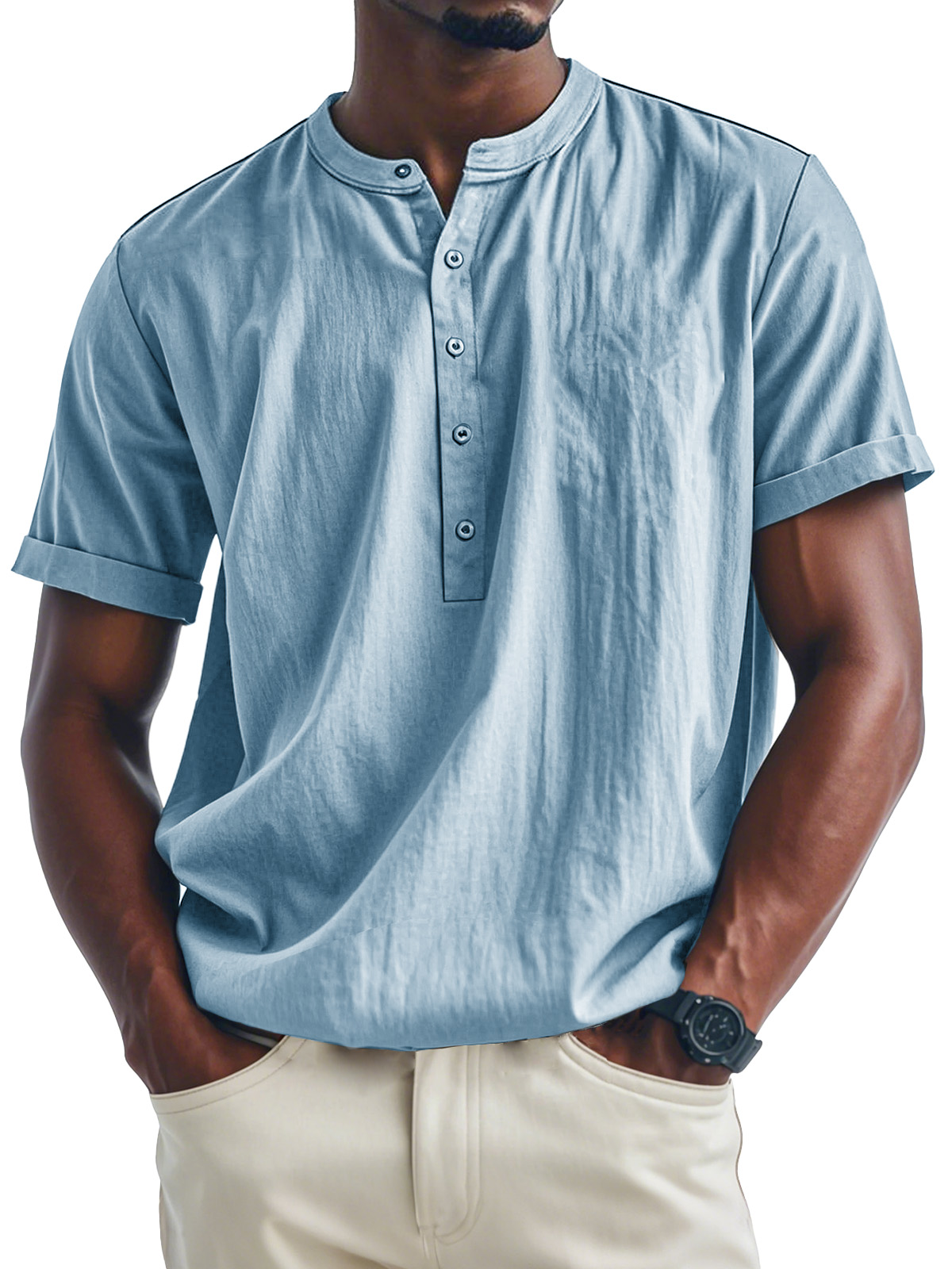 Men's Fashion Casual Stand Collar Multi-Button Short Sleeve Henley Shirt