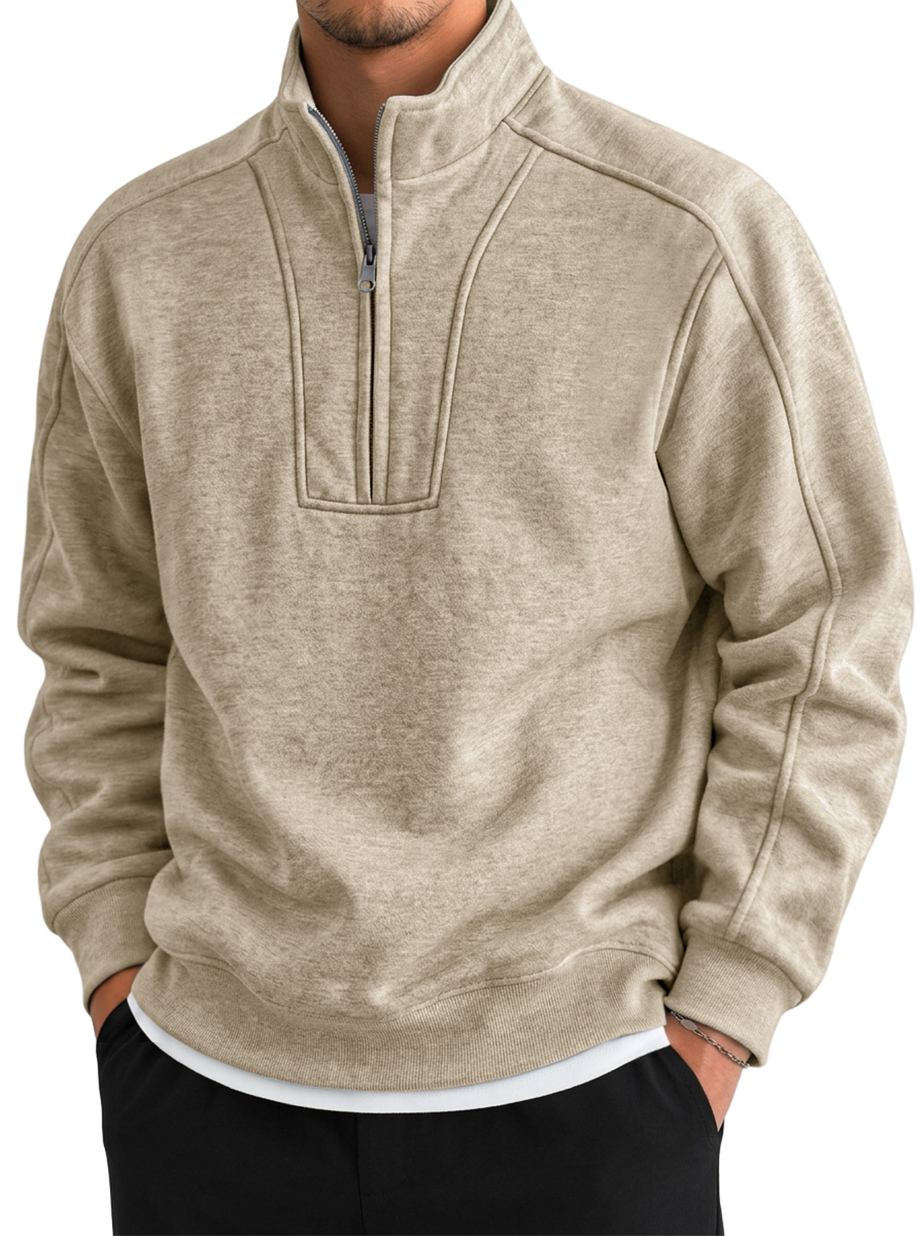Men's Autumn/Winter Comfortable Sweatshirt with Stand Collar, Zipper, and Deconstructed Design