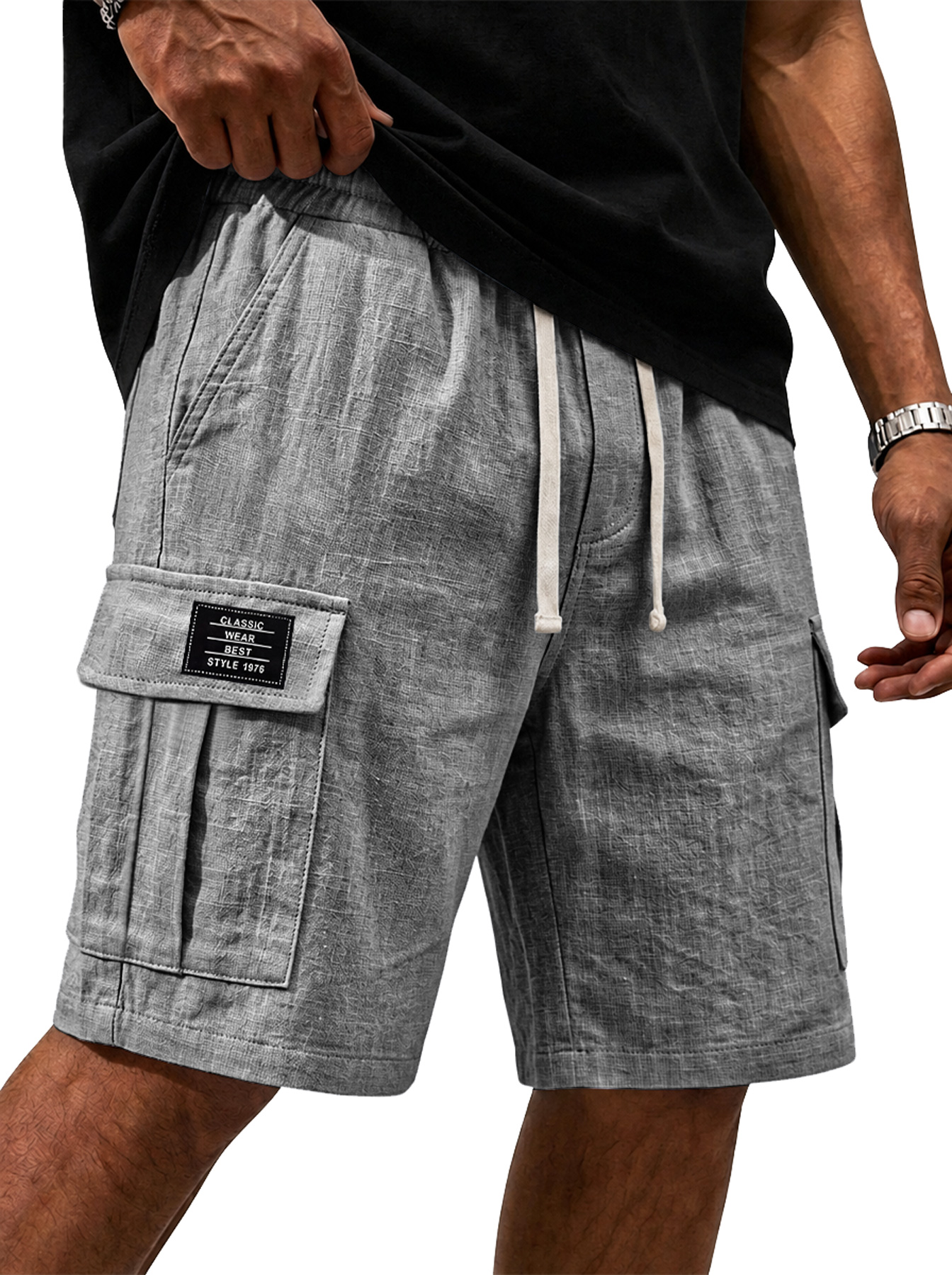 Men's Cotton Linen Embroidered Logo Casual Comfortable Shorts