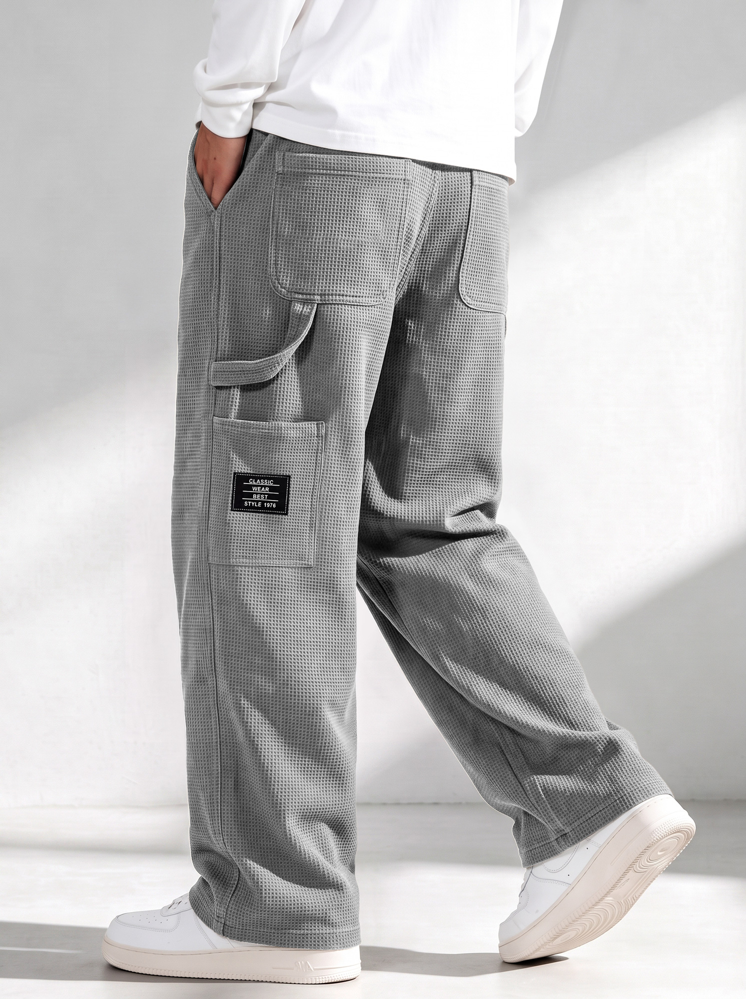 Men's Waffle-Knit Casual Cargo Pants with Multi-Pockets and Embroidered Logo