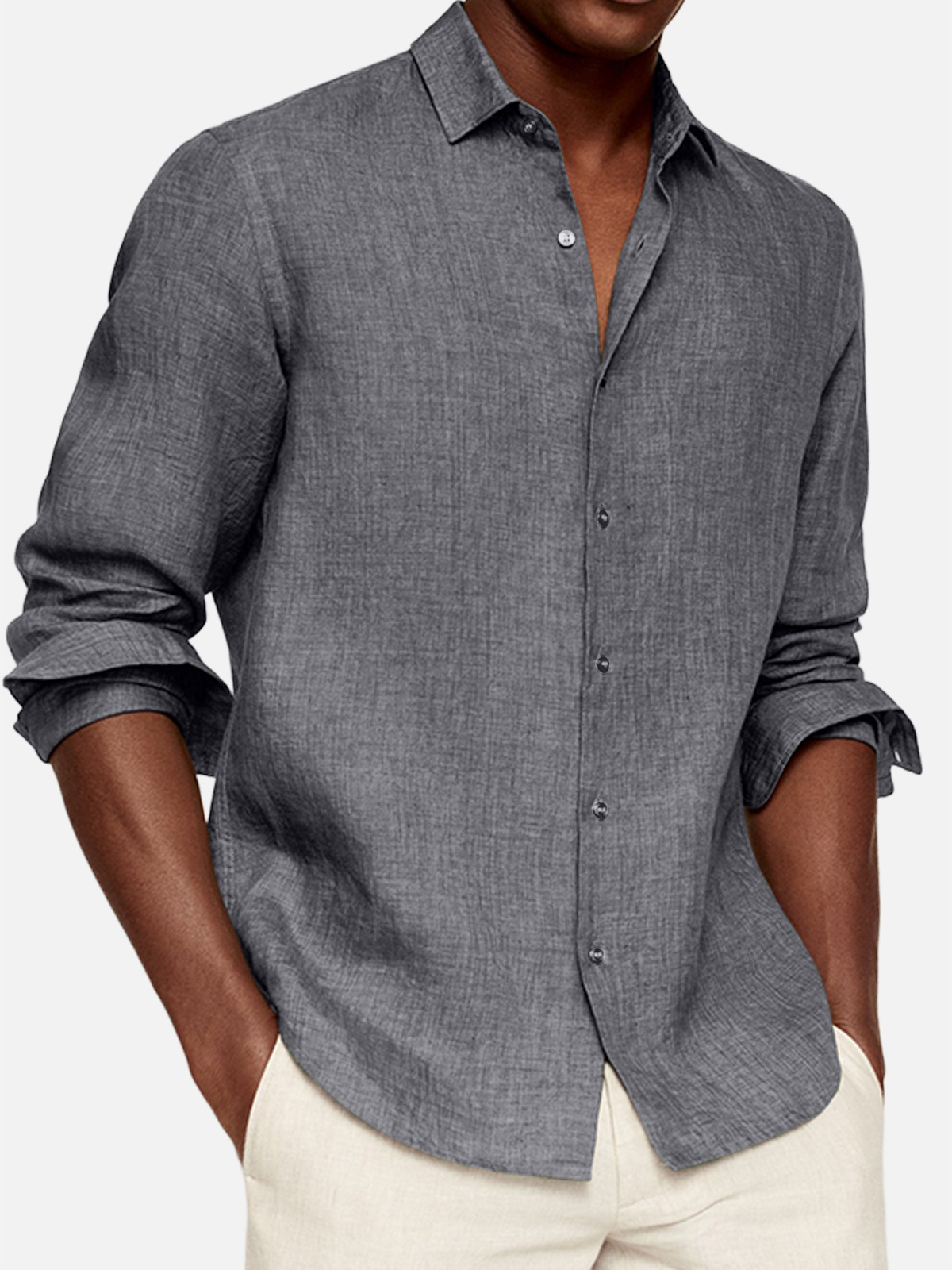 Men's Casual Cotton And Linen Solid Color Lapel Comfortable Long-sleeved Shirt