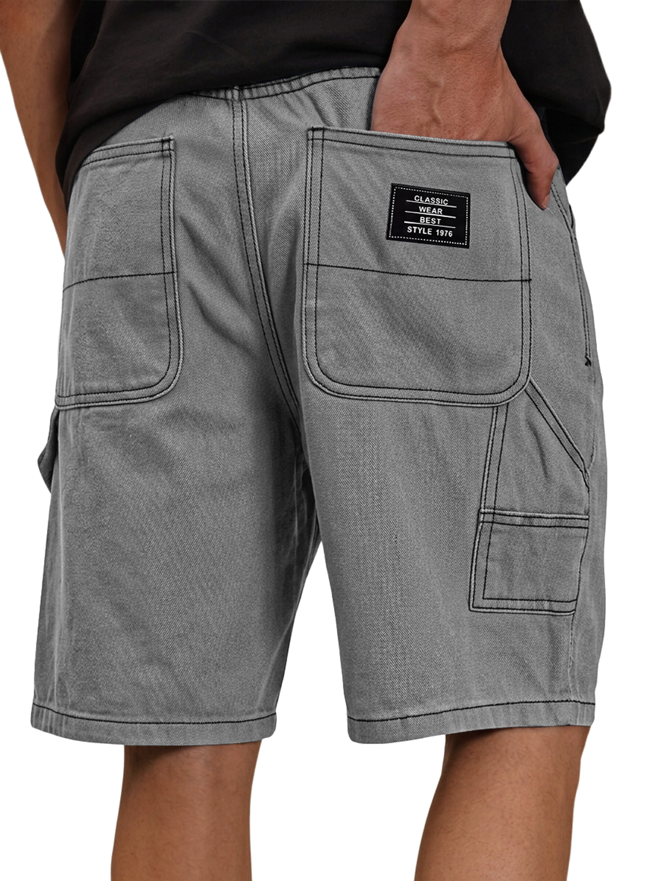 Men's Casual Solid-Color Cargo Shorts with Multiple Pockets and Embroidered Logo