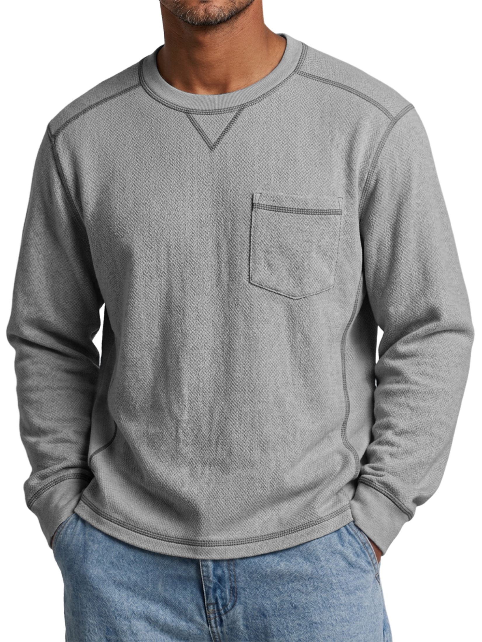 Men's Casual Long-Sleeve Crew-Neck T-Shirt with Contrast Stitching