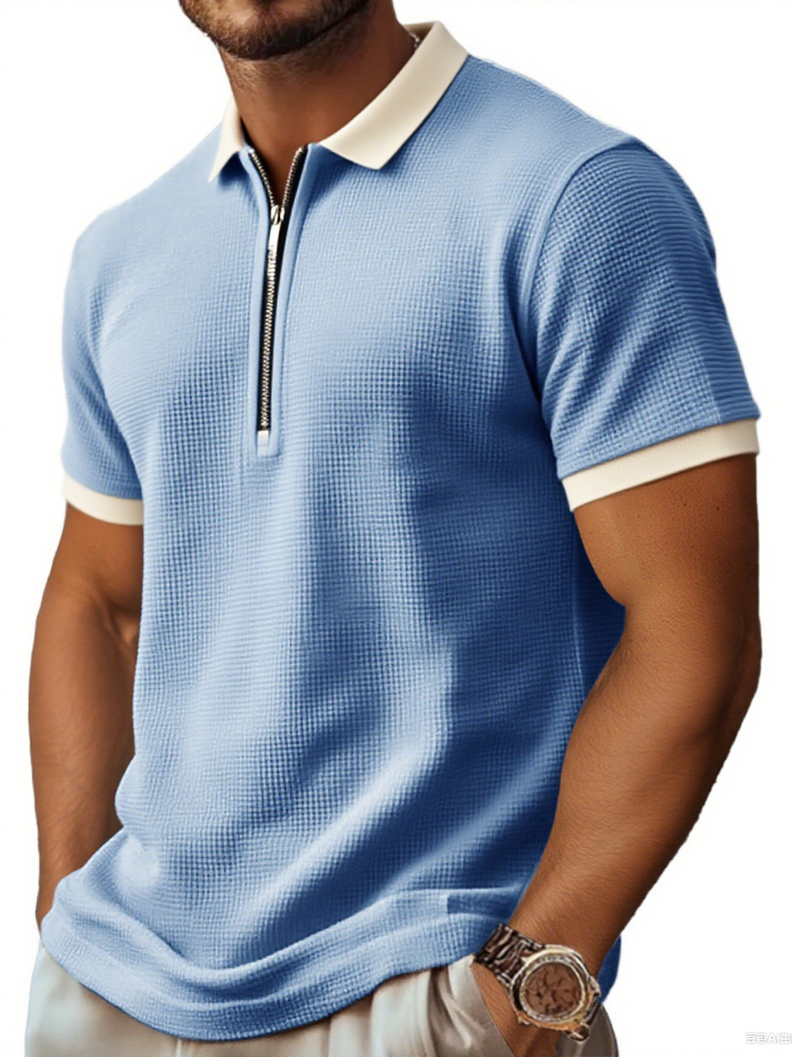 Men's Retro And Stylish Waffle Fabric With A Contrasting Zip-up Polo Shirt
