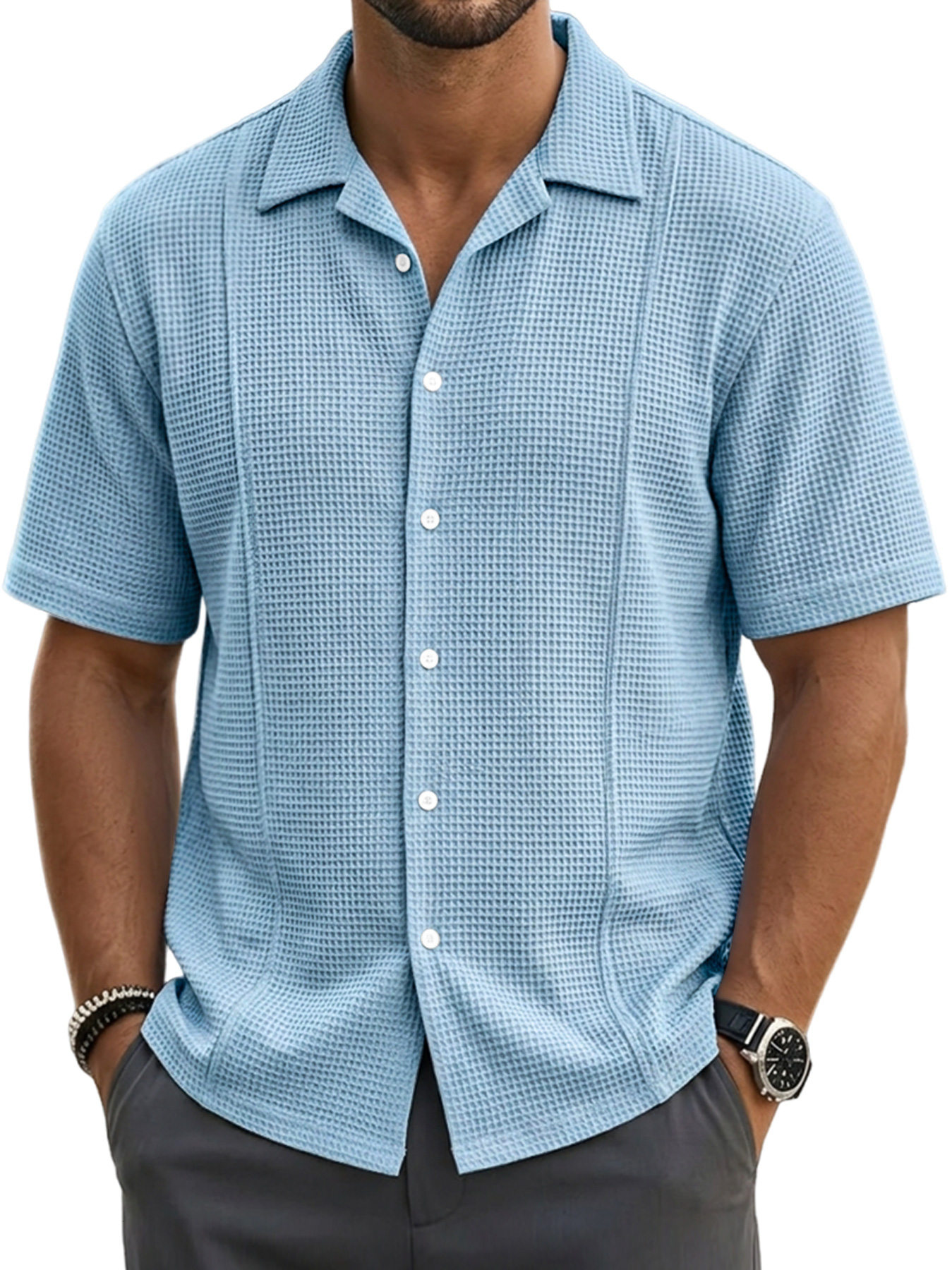Men's waffle-knit deconstructed casual short-sleeved shirt