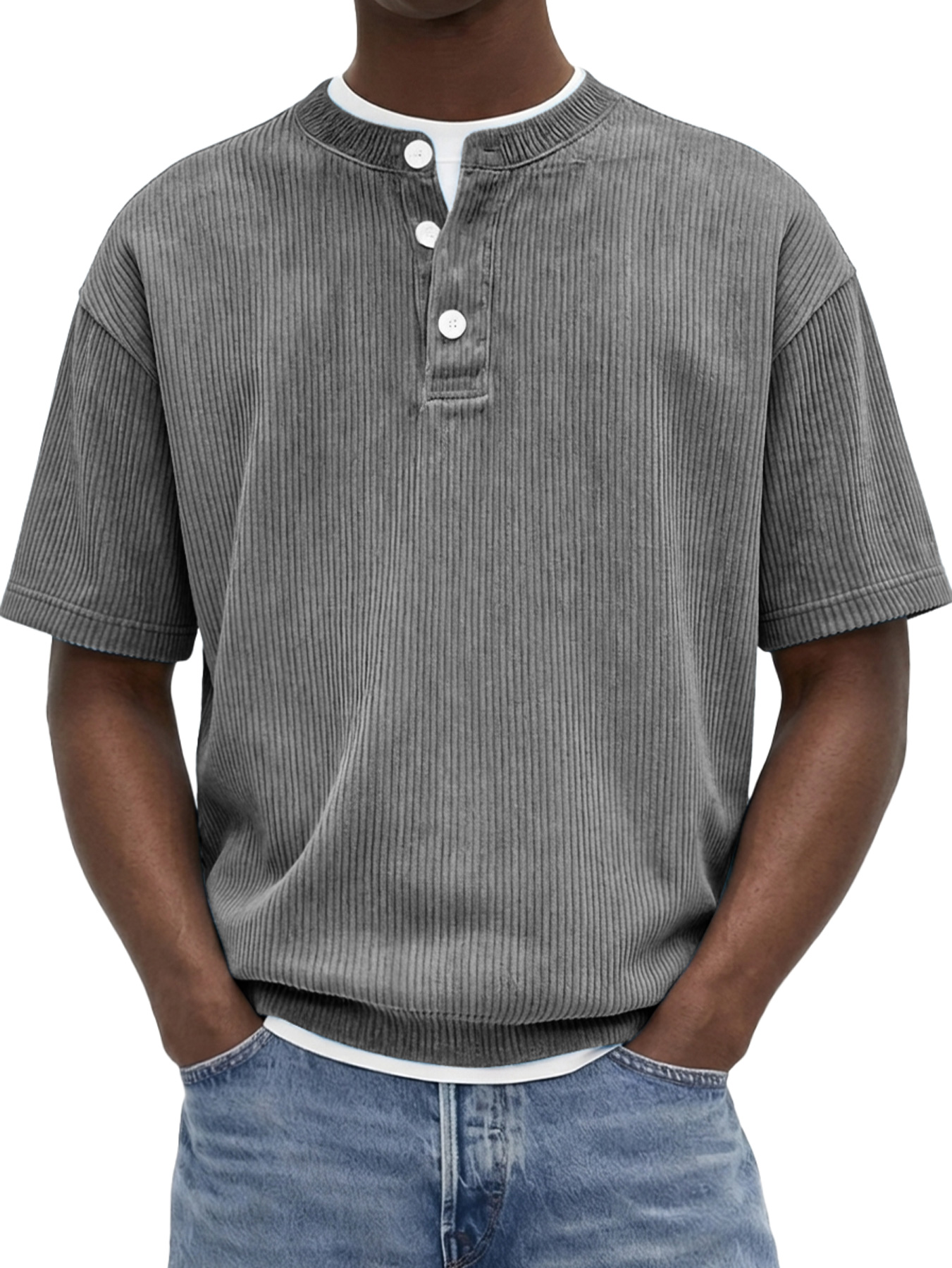 Men's Retro Corduroy Casual Short-Sleeve Henley Shirt