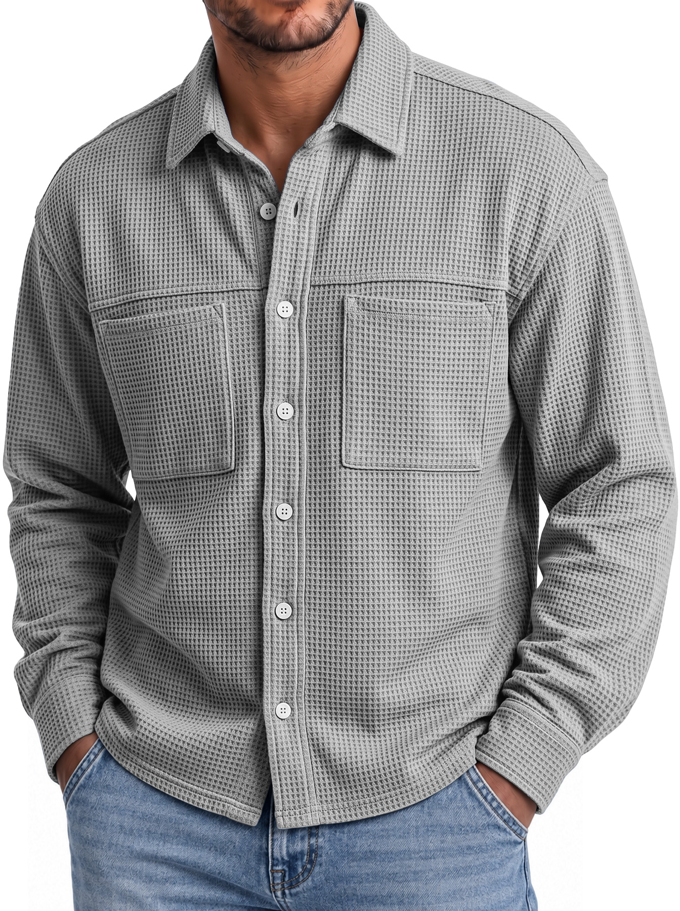 Men's Autumn Casual Long-Sleeve Waffle-Knit Shirt with Dual Pockets