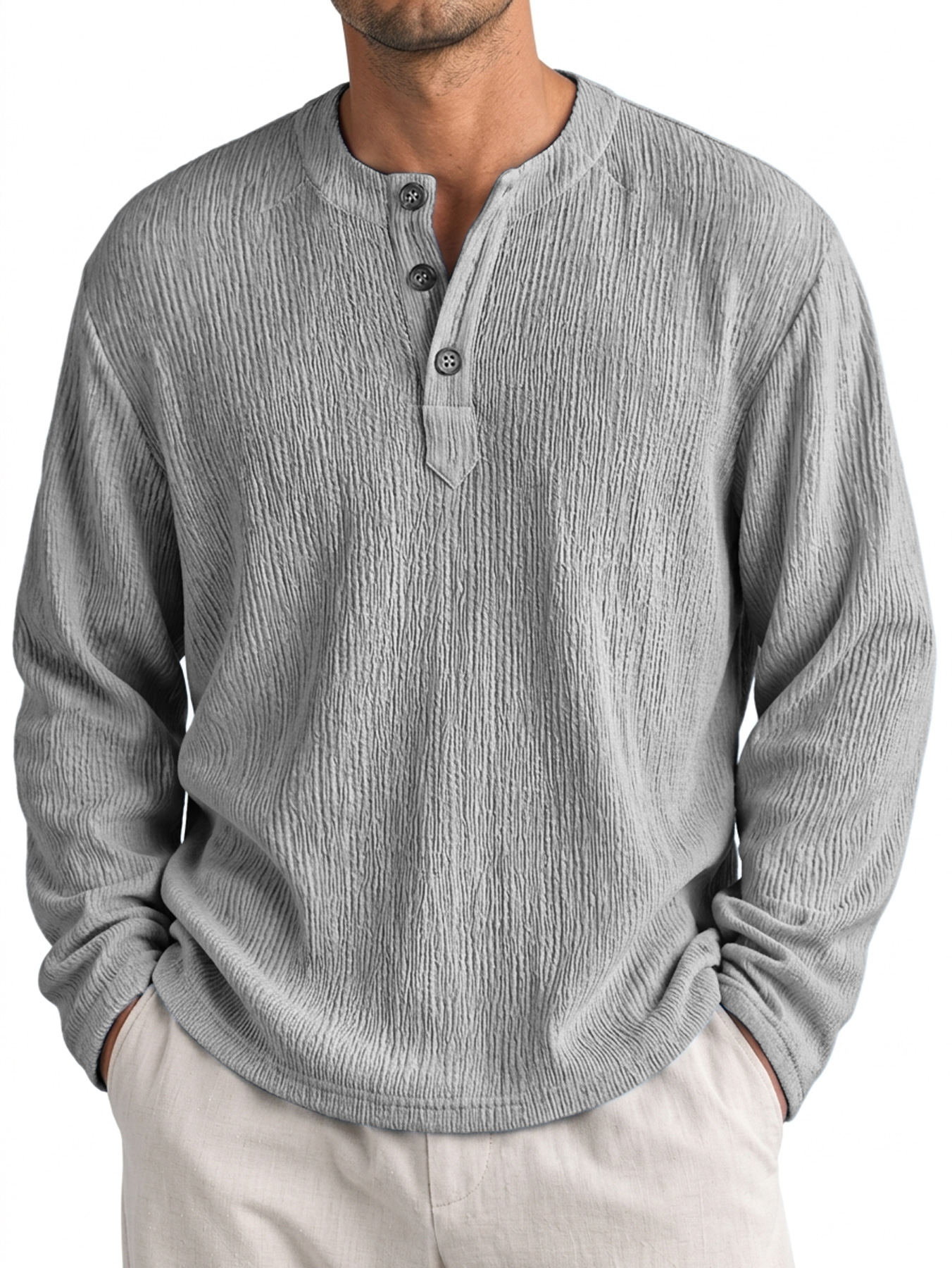 Men's Casual Textured Comfortable Long-Sleeve Henley Shirt