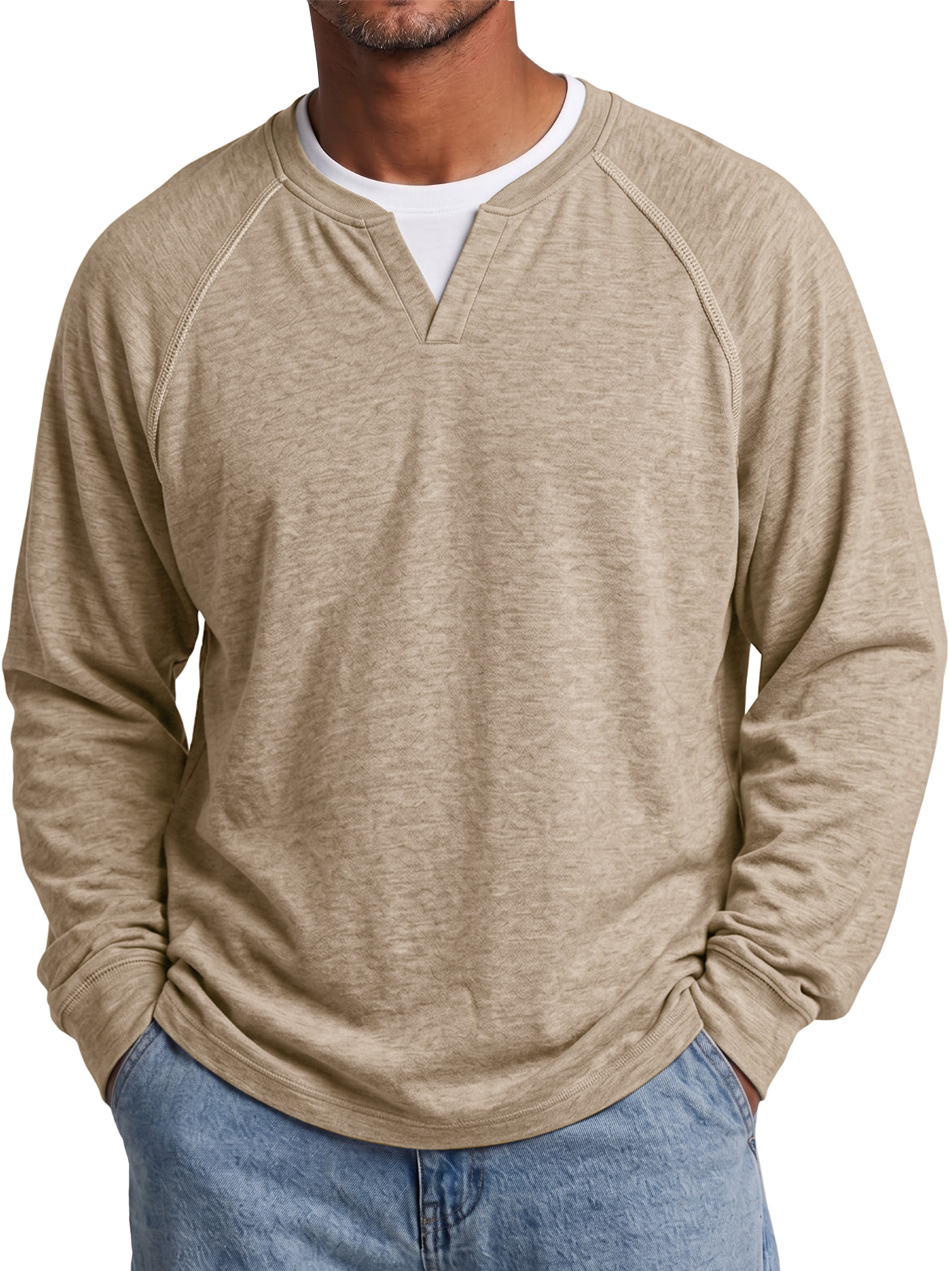 Men's Autumn Casual & Comfortable Long-Sleeve T-Shirt with Raglan Sleeves and Faux-Layered Design
