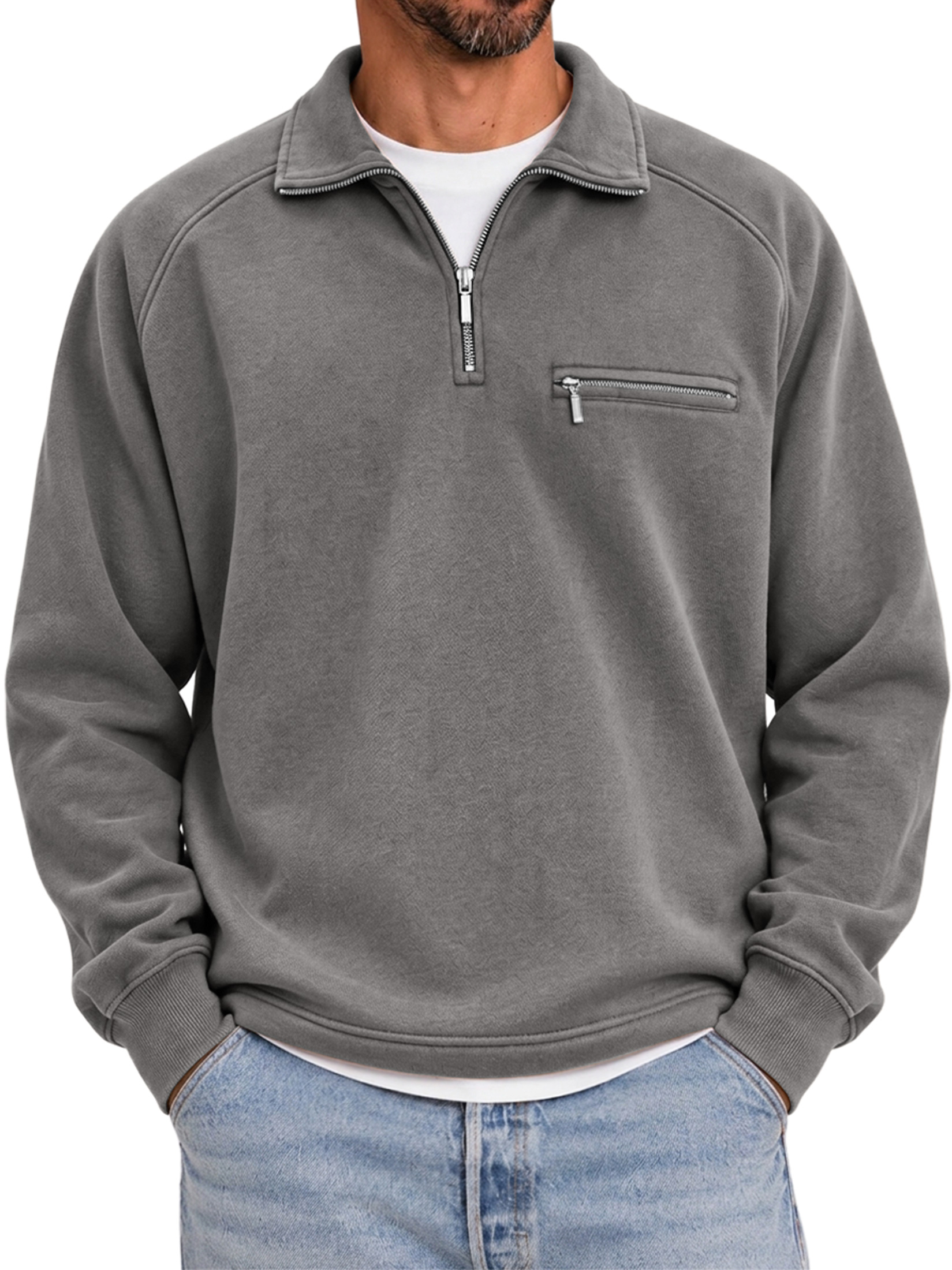 Men's Quarter-Zip Casual Sweatshirt with Collar and Zippered Pocket