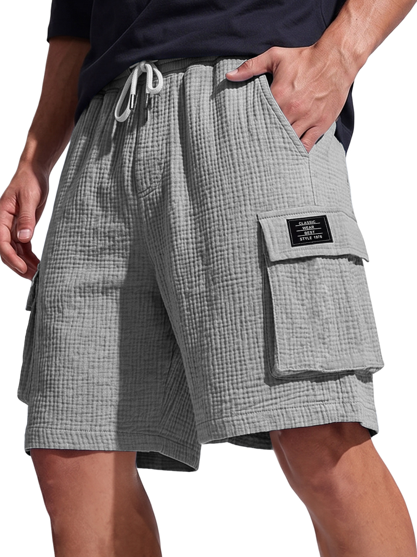 Men's Casual Multi-Pocket Cargo Shorts with Textured Pleats and Embroidered Logo