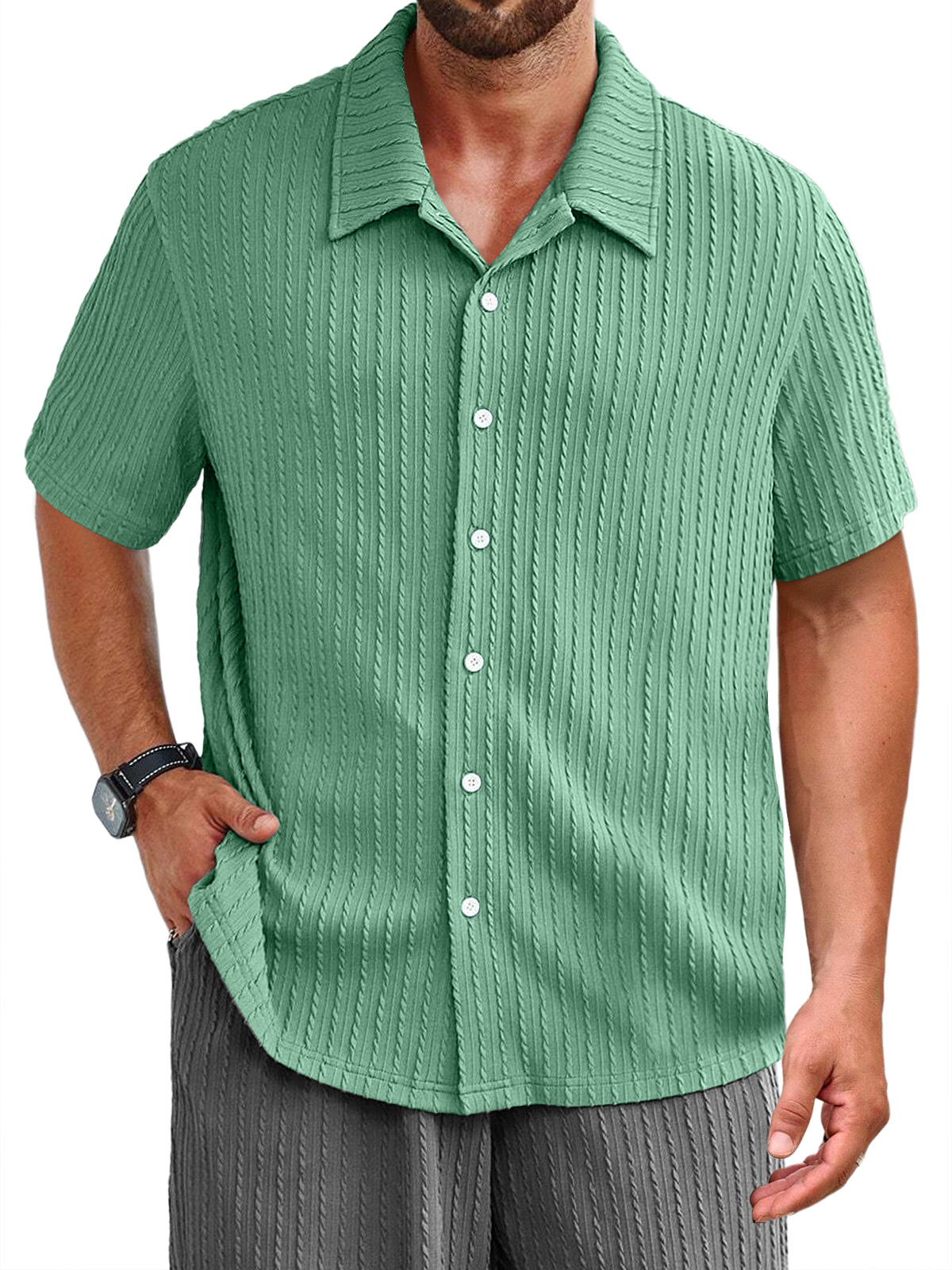 Men's Daily Jacquard Texture Casual Solid Color Short-sleeved Shirt