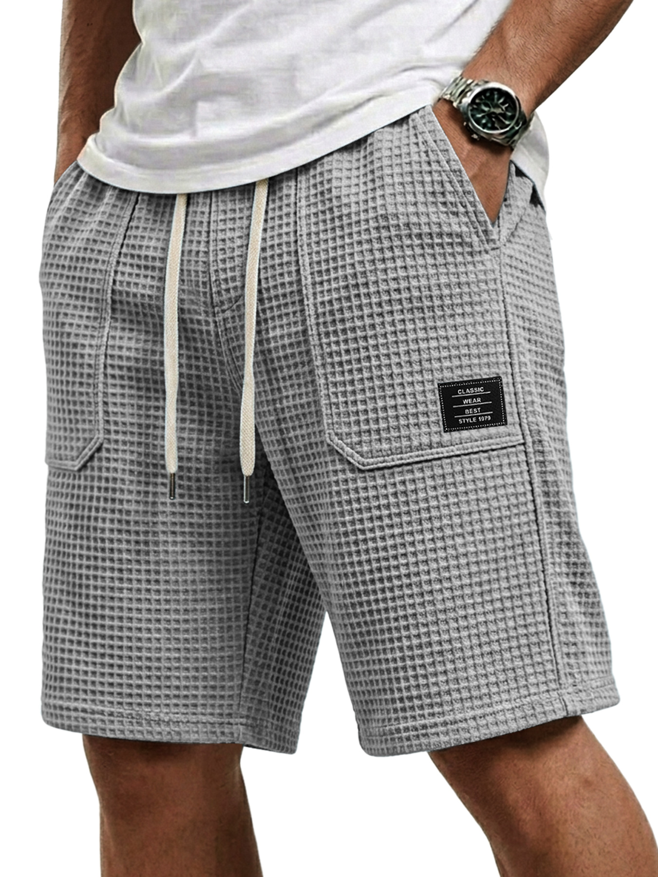 Men's Waffle Patch Pocket Embroidered Logo Casual Shorts