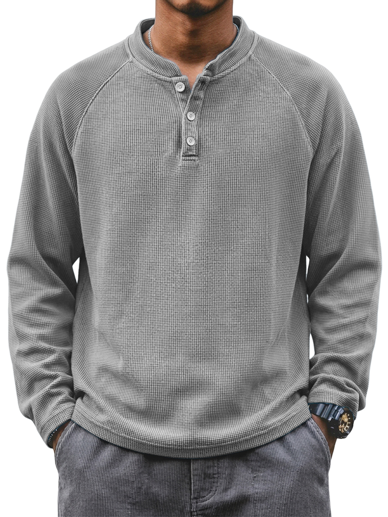Men's Waffle-Knit Casual Long-Sleeve Henley Shirt with Stand Collar and Button Placket