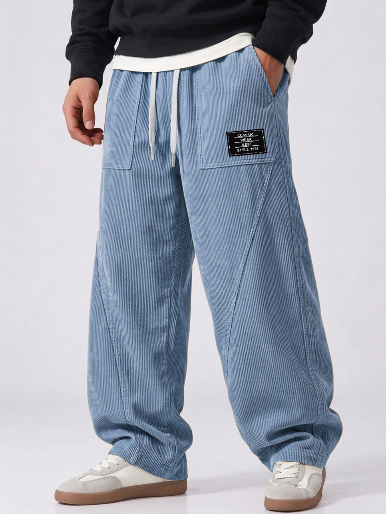 Men's Corduroy Deconstructed Casual Trousers with Patch Pockets and Curved Seam Detail
