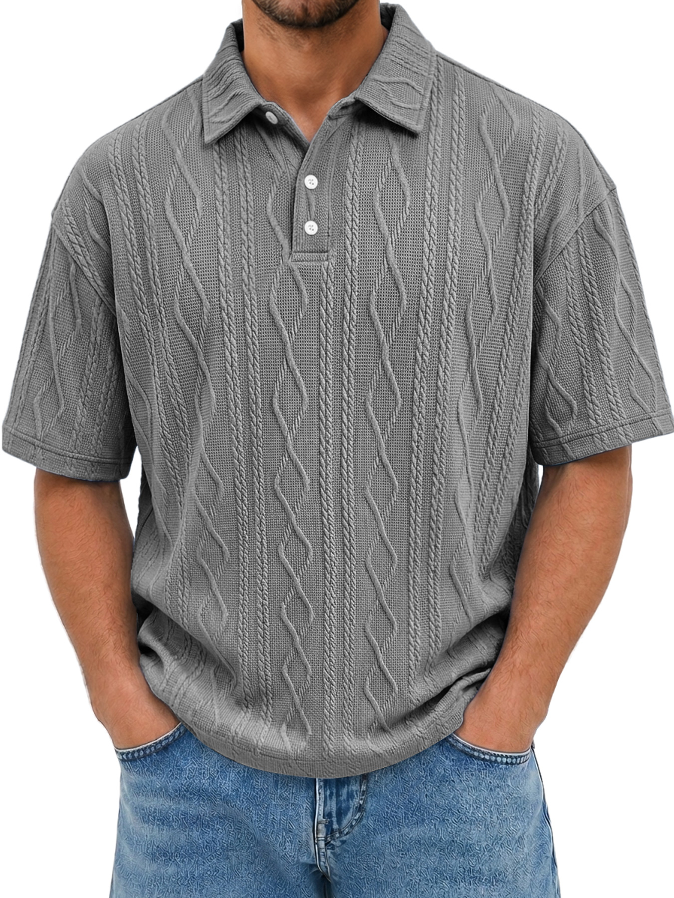 Men's Short-Sleeve Jacquard-Texture Polo Shirt with Collar and Button Placket