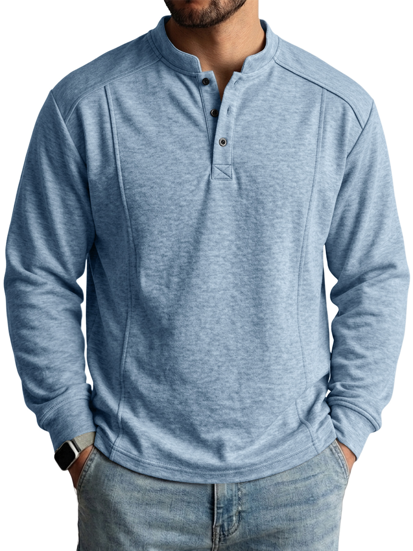 Men's Deconstructed Long-Sleeve Henley Shirt with Stand Collar and Button Detail