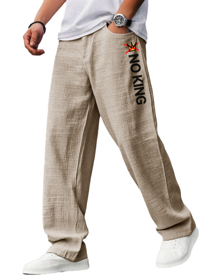 "no King" Letter-printed Casual Linen Fabric Loose Pocket Pants