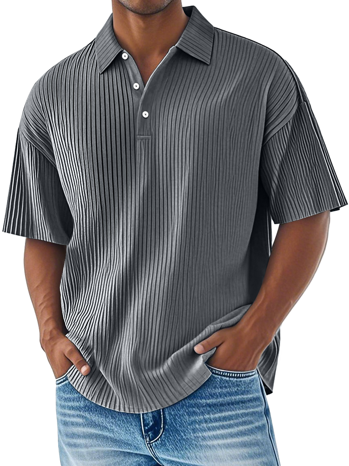Men's Daily Ribbed Lapel Button Casual Comfortable Short-sleeved Polo Shirt