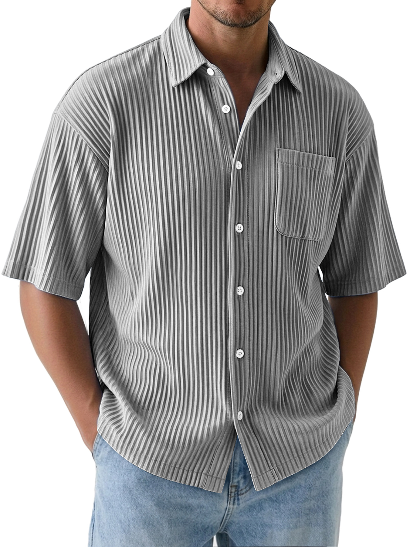 Men's Comfortable Textured Solid-Color Short-Sleeve Casual Shirt
