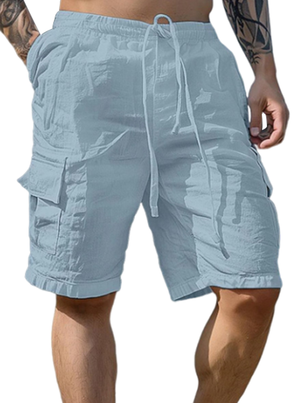 Men's summer beach pure cotton drawstring elastic waist casual shorts