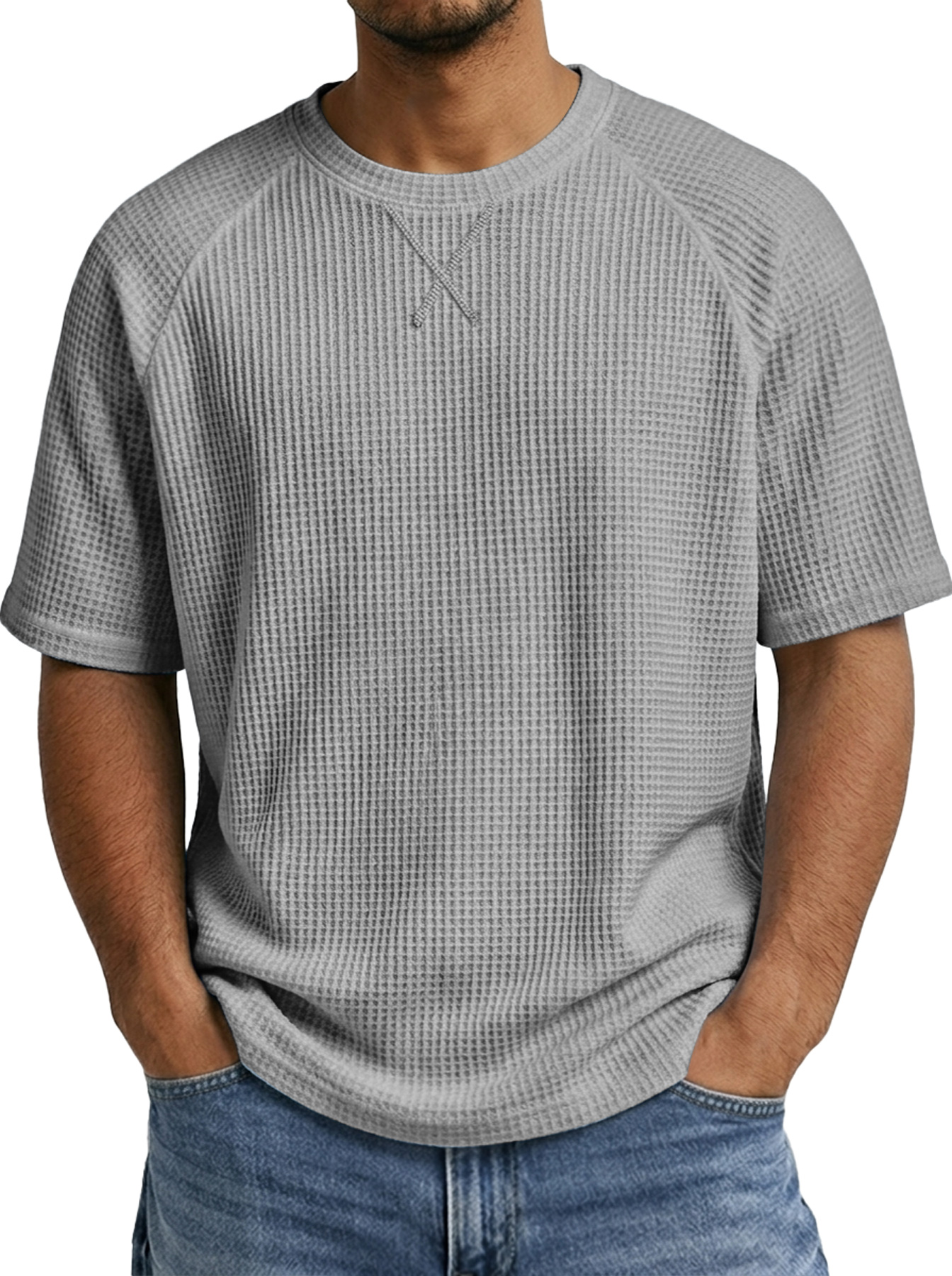 Men's Crew Neck Raglan Waffle Crossover Design Casual Short-Sleeve T-Shirt