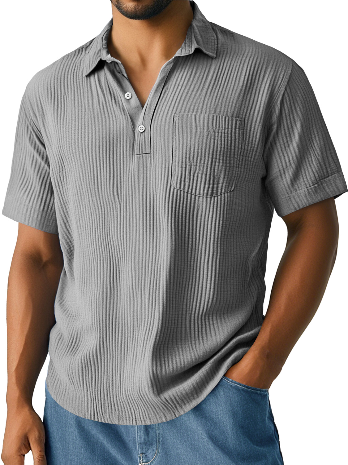Men's Daily Pleated Texture Lapel Pocket Casual Short-sleeved Polo Shirt