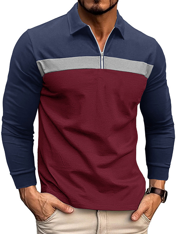 Men's Casual Lapel Color Block Cotton POLO Shirt