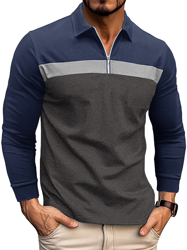 Men's Casual Lapel Color Block Cotton POLO Shirt