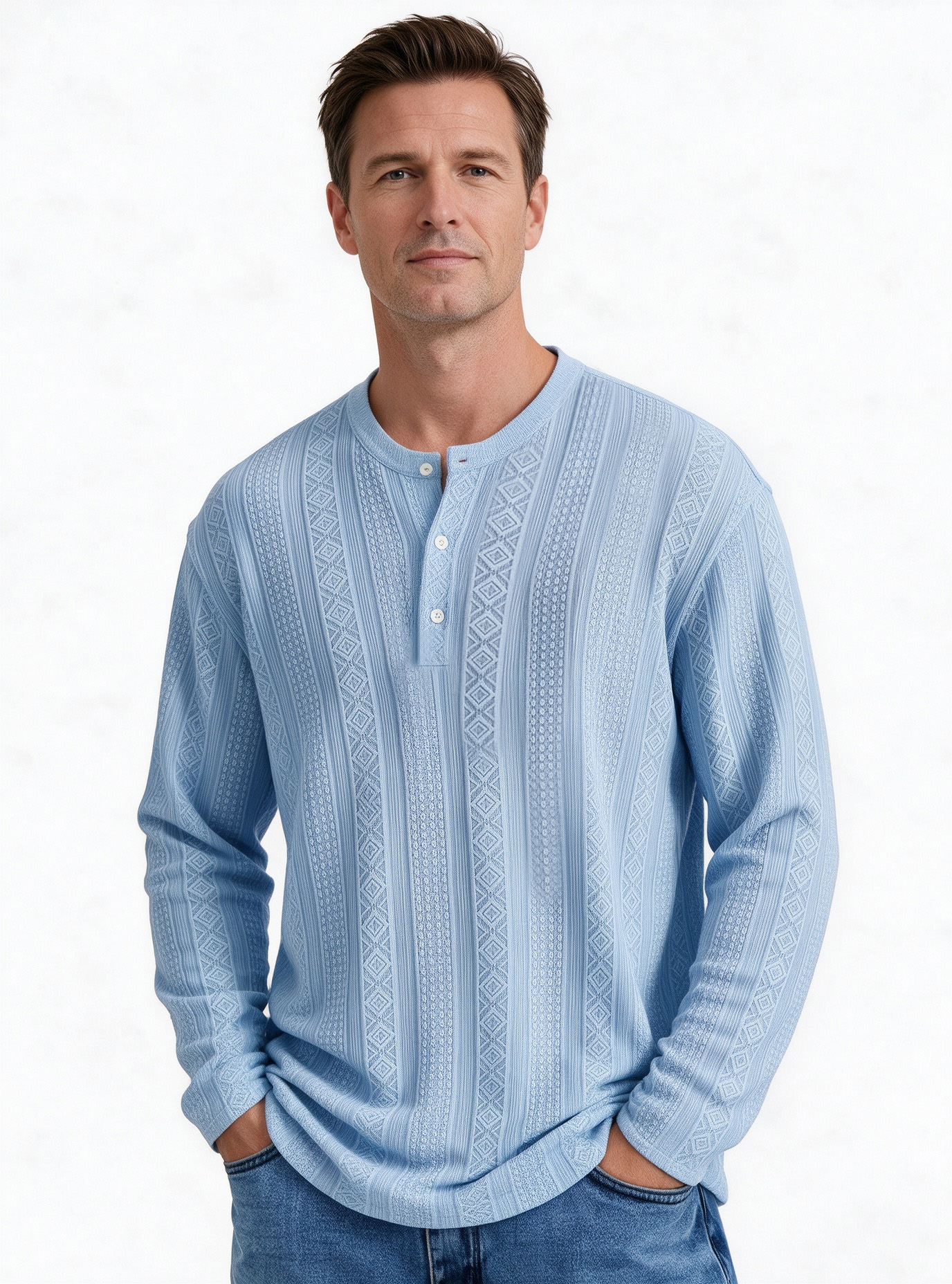 Men's Minimalist Textured Long-Sleeve Button-Front Henley