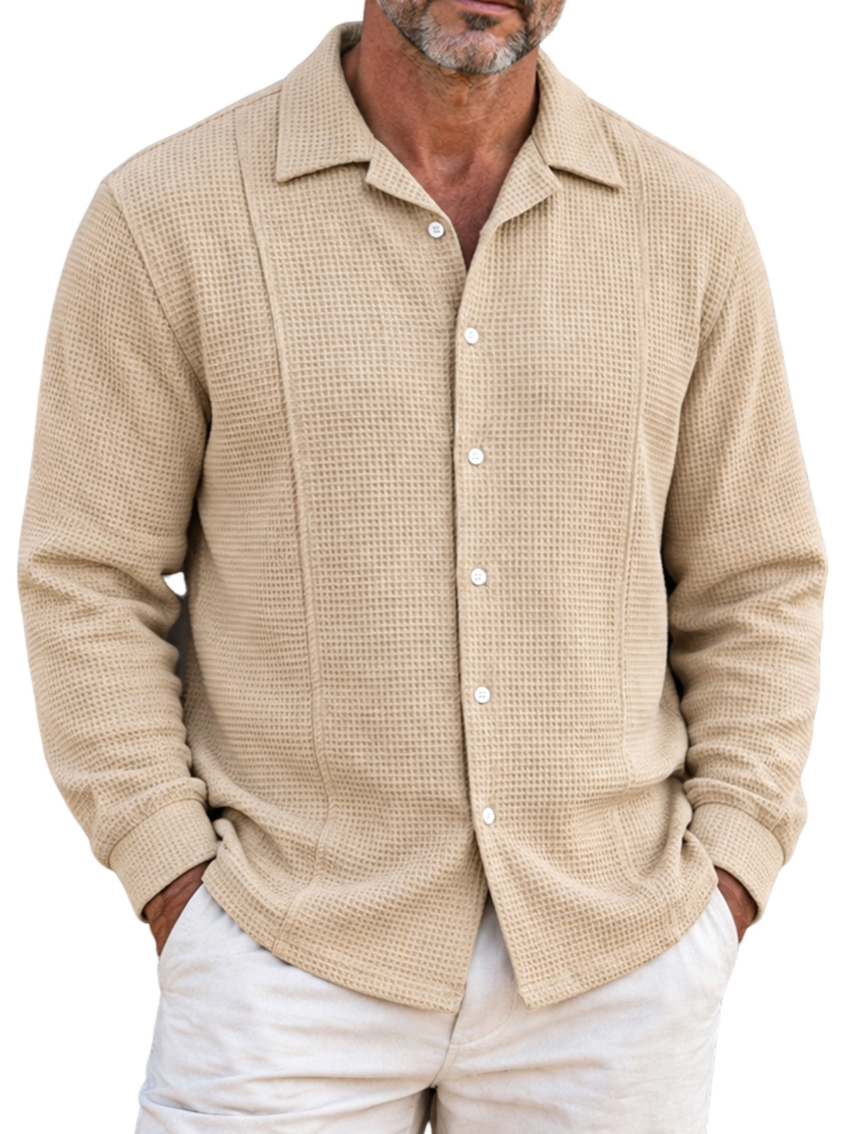 Men's Minimalist Waffle-Knit Long-Sleeve Button-Down Shirt with Stitching Detail