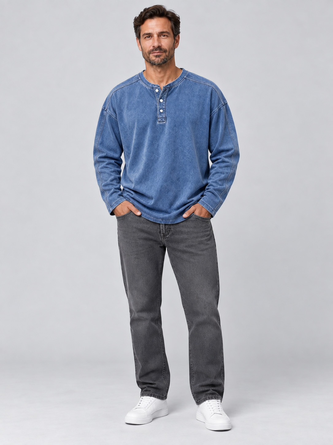 Men’s Vintage-Washed Relaxed-Fit Henley Long-Sleeve Tee