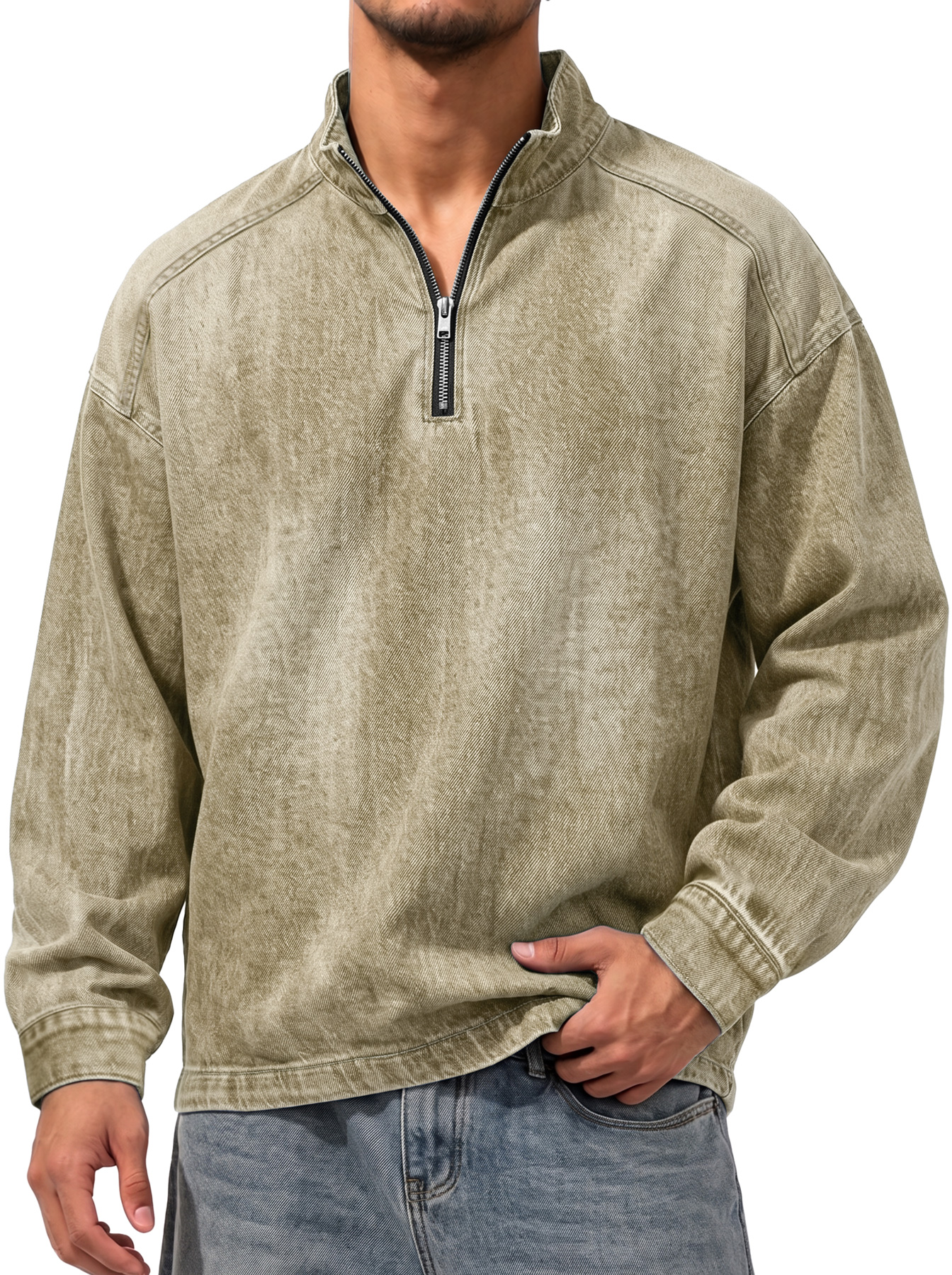 Men's Vintage Denim-Style Stand-Collar Zip-Front Casual T-Shirt