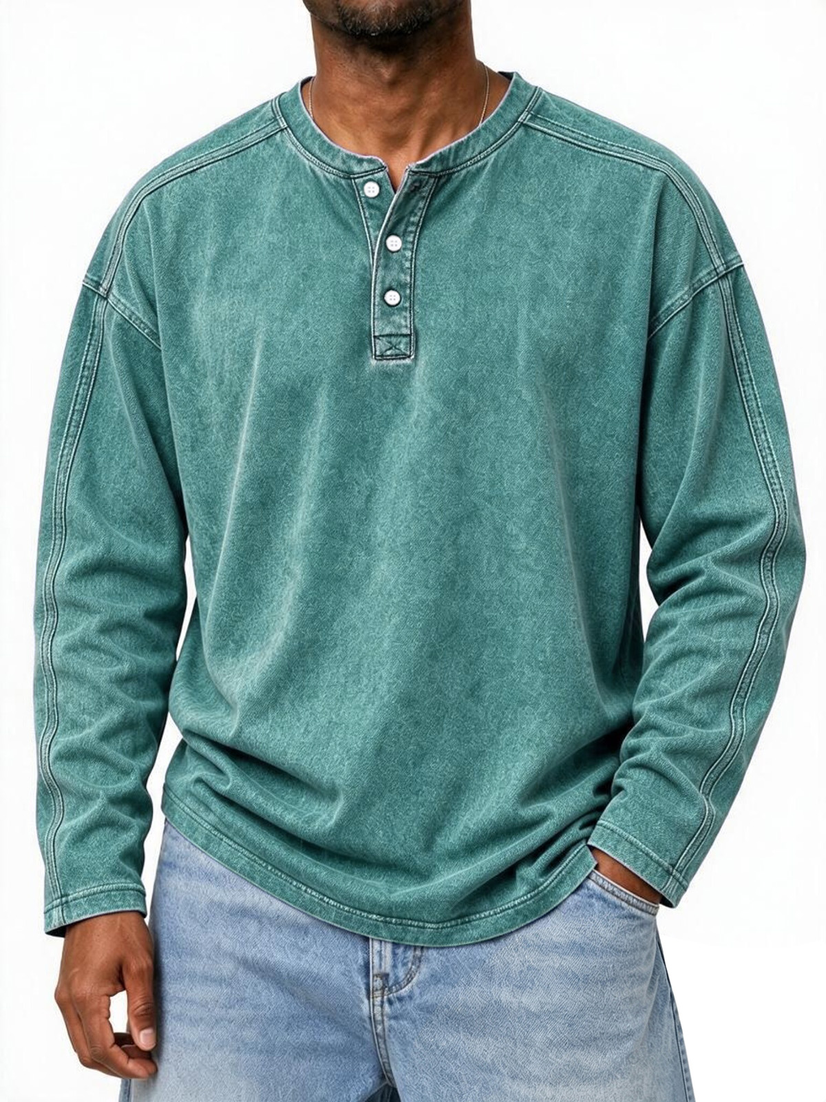 Men’s Vintage-Washed Relaxed-Fit Henley Long-Sleeve Tee
