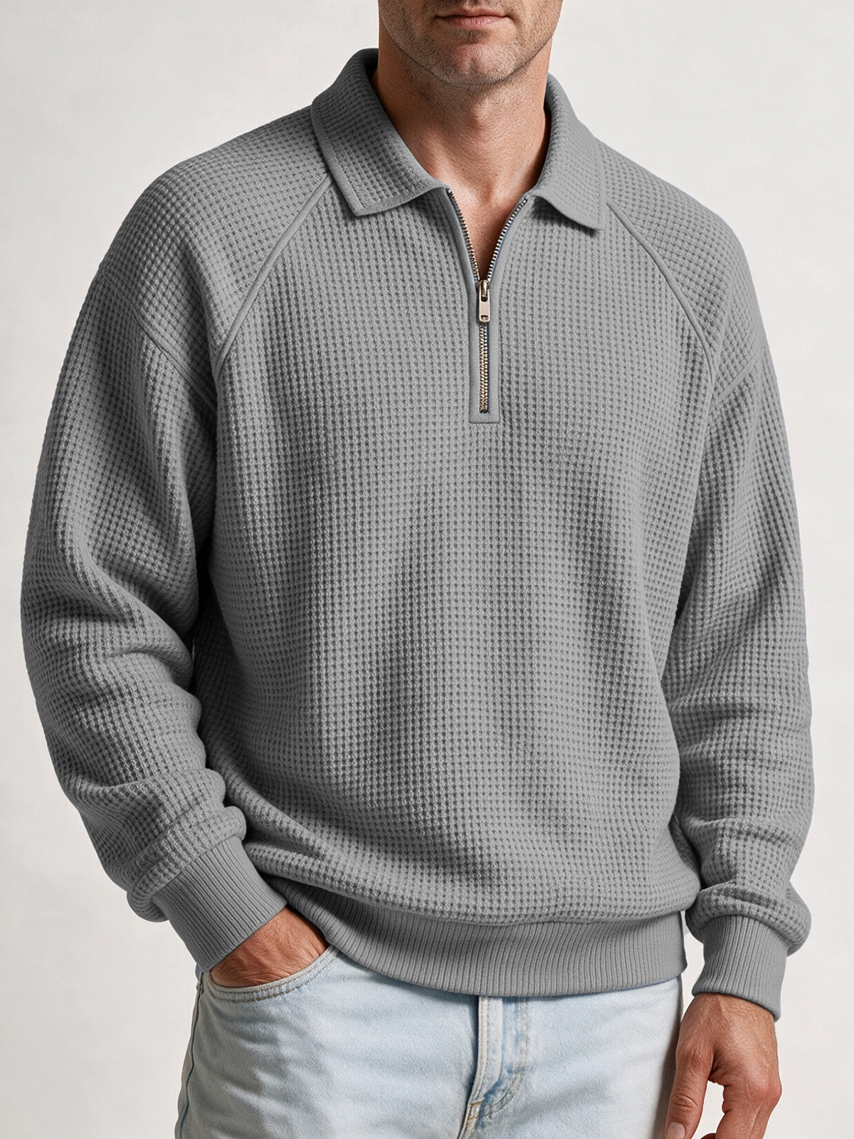 Men's Waffle-Knit Quarter-Zip Polo Sweatshirt