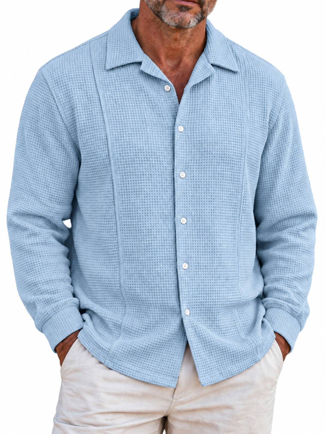 Men's Minimalist Waffle-Knit Long-Sleeve Button-Down Shirt with Stitching Detail