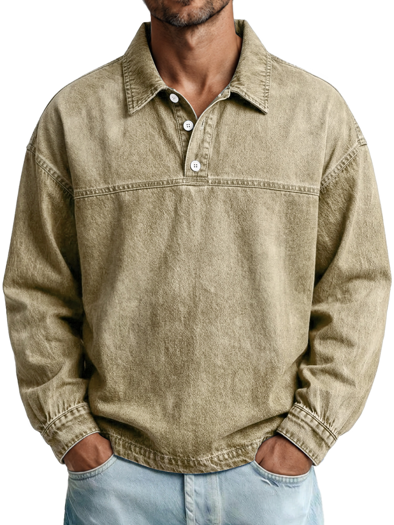 Men's Autumn Vintage Washed Cotton Long-Sleeve Casual Polo Shirt with Stitching Detail