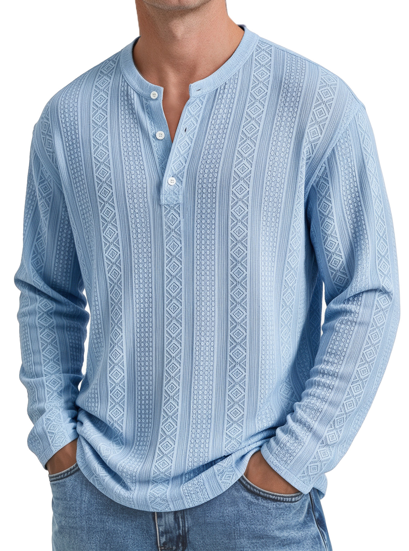 Men's Minimalist Textured Long-Sleeve Button-Front Henley
