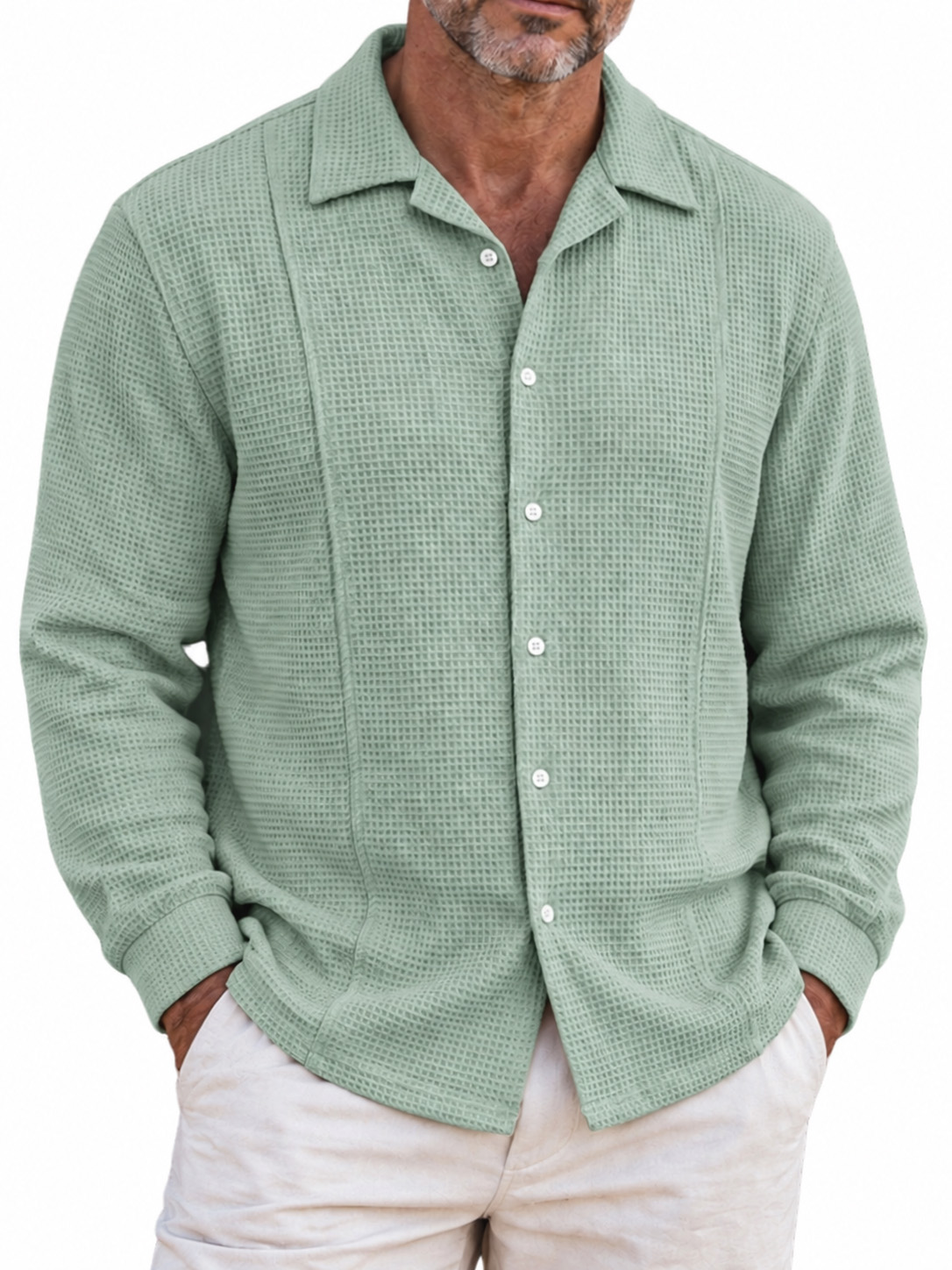 Men's Minimalist Waffle-Knit Long-Sleeve Button-Down Shirt with Stitching Detail