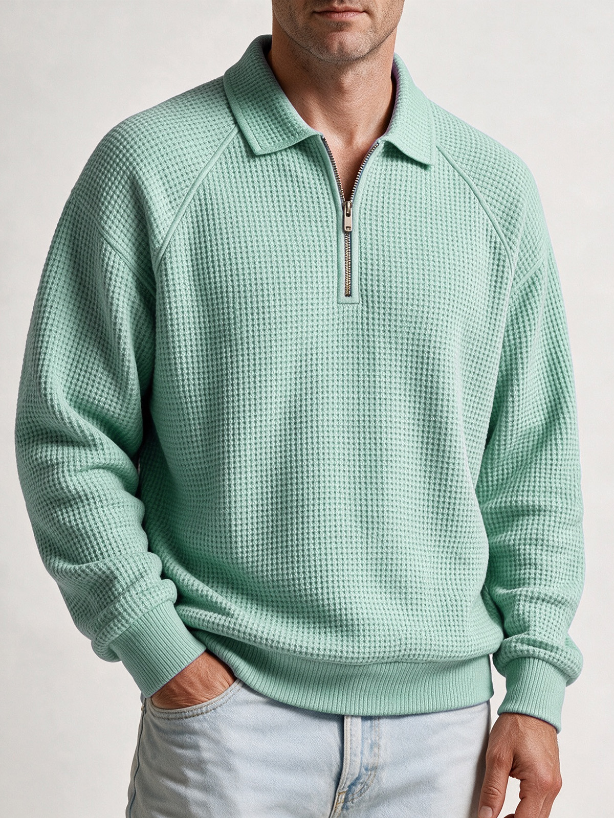 Men's Waffle-Knit Quarter-Zip Polo Sweatshirt